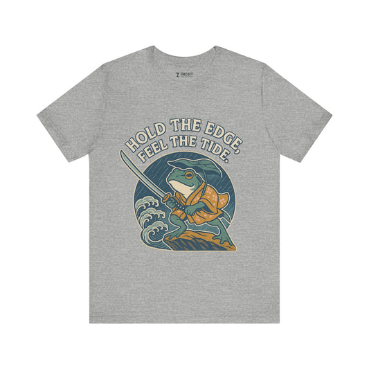 Hold the Edge, Feel the Tide – Japanese Ukiyo-e Samurai Frog T-Shirt, Warrior Wave Graphic Tee
