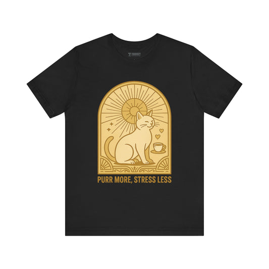Purr More Stress Less Cat Tee, Cozy Cat Lover Shirt, Gift for Pet Owners, Cute Animal Top, Cat with Coffee