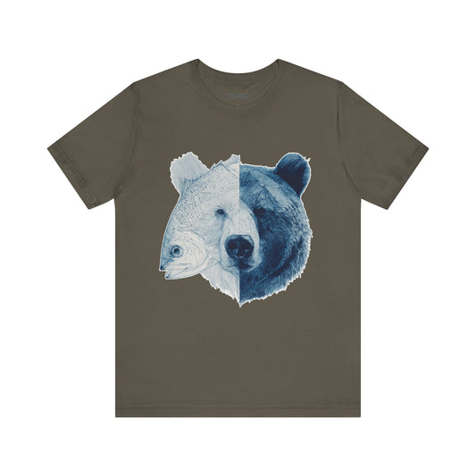Bear & Fish Duality – Artistic Wildlife Fusion T-Shirt, Nature-Inspired Graphic Tee