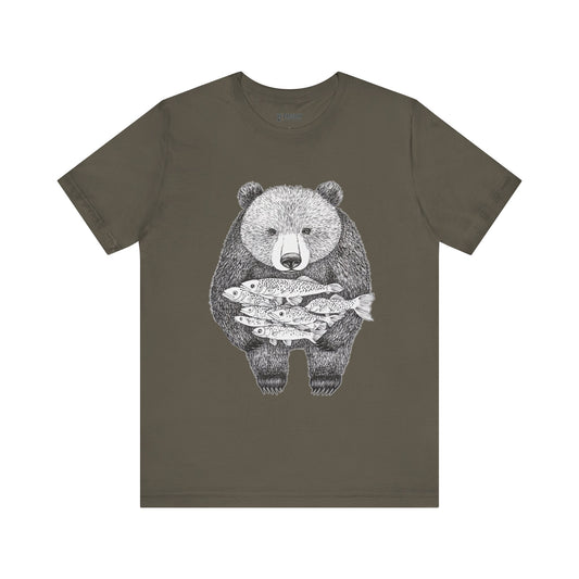 Bear with Fish Catch – Hand-Drawn Wildlife T-Shirt, Rustic Nature Graphic Tee, Artisan Wildlife Graphic Tee