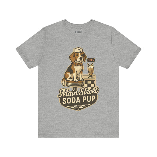 Main Street Soda Pup Unisex Tee – Vintage Graphic Beagle Dog T-Shirt for Outdoorsy Souls, Perfect Gift for Adventurers, Casual Wear, or Travel