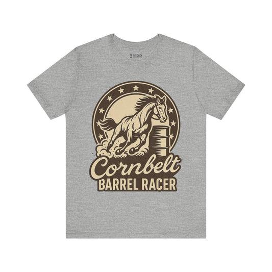 Cornbelt Barrel Racer Unisex Tee – Vintage Graphic Horse T-Shirt for Outdoorsy Souls, Perfect Gift for Adventurers, Casual Wear, or Travel