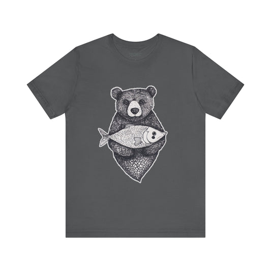 Bear with Fish – Woodland Animal T-Shirt, Nature-Inspired Graphic Tee