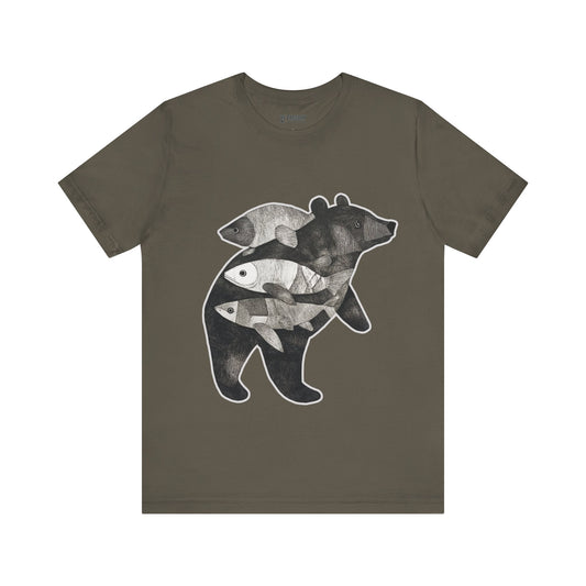 Bear & Fish – Nature T-Shirt, Artisan Wildlife Graphic Tee, Bear Graphic T-Shirt, Wildlife Lover Shirt