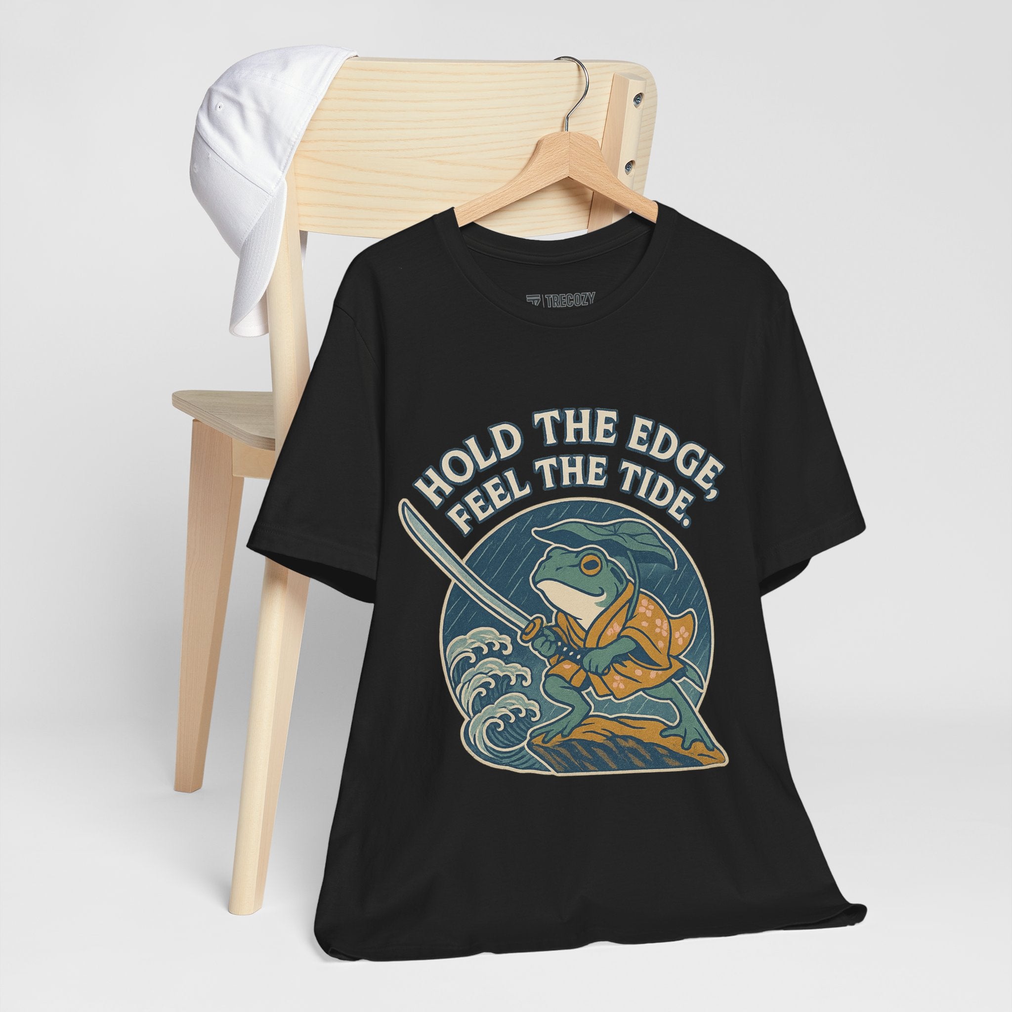 Hold the Edge, Feel the Tide – Japanese Ukiyo-e Samurai Frog T-Shirt, Warrior Wave Graphic Tee