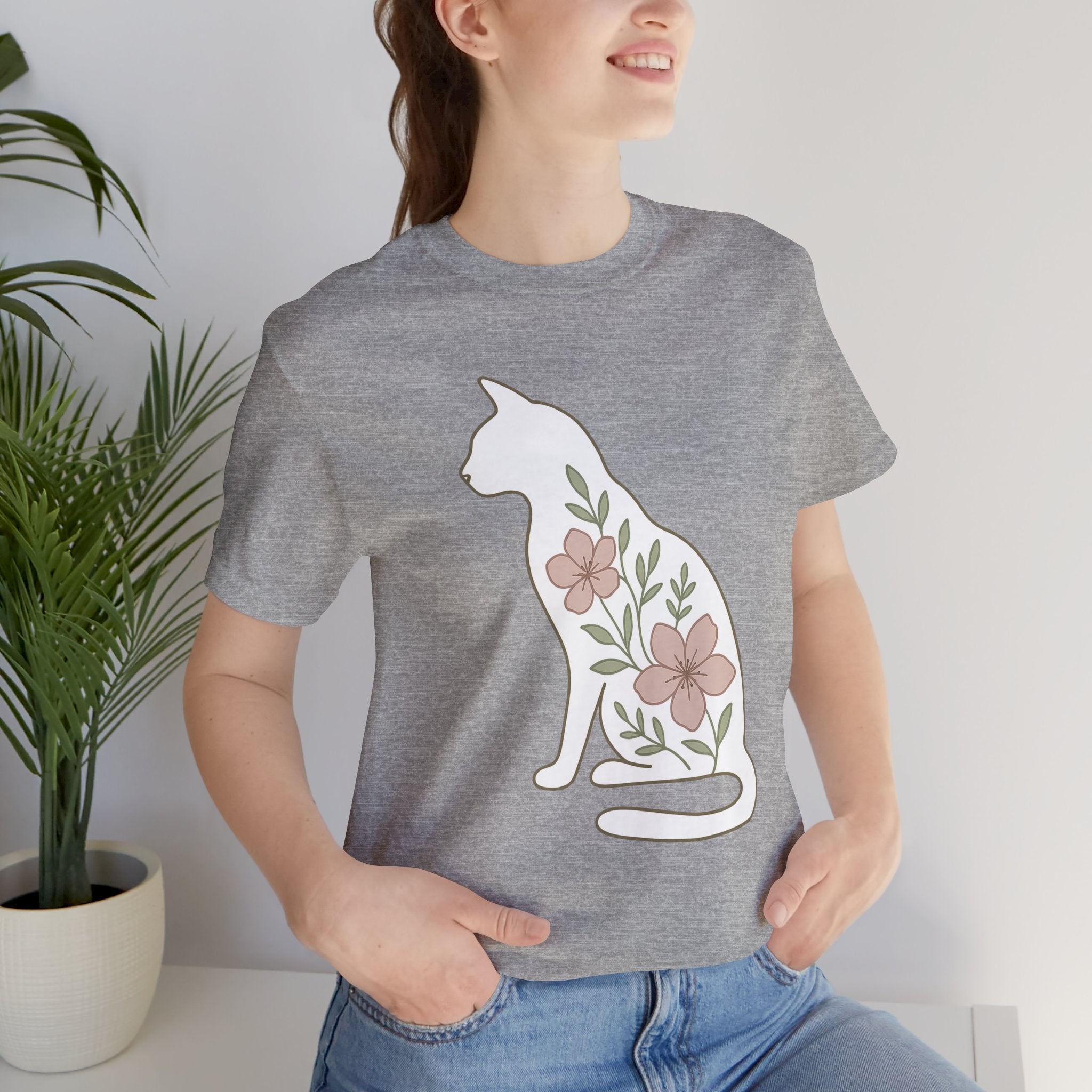 Floral Cat Tee, Cozy Cat Lover Shirt, Gift for Pet Owners, Cute Animal Top, Nature Inspired Fashion