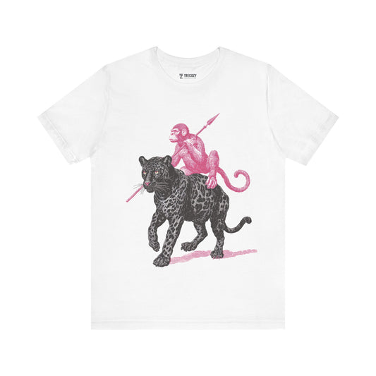 Warrior Monkey & Panther – Bold Tribal-Inspired T-Shirt, Fierce Jungle Duo Graphic Tee, Bold Animal Print Shirt