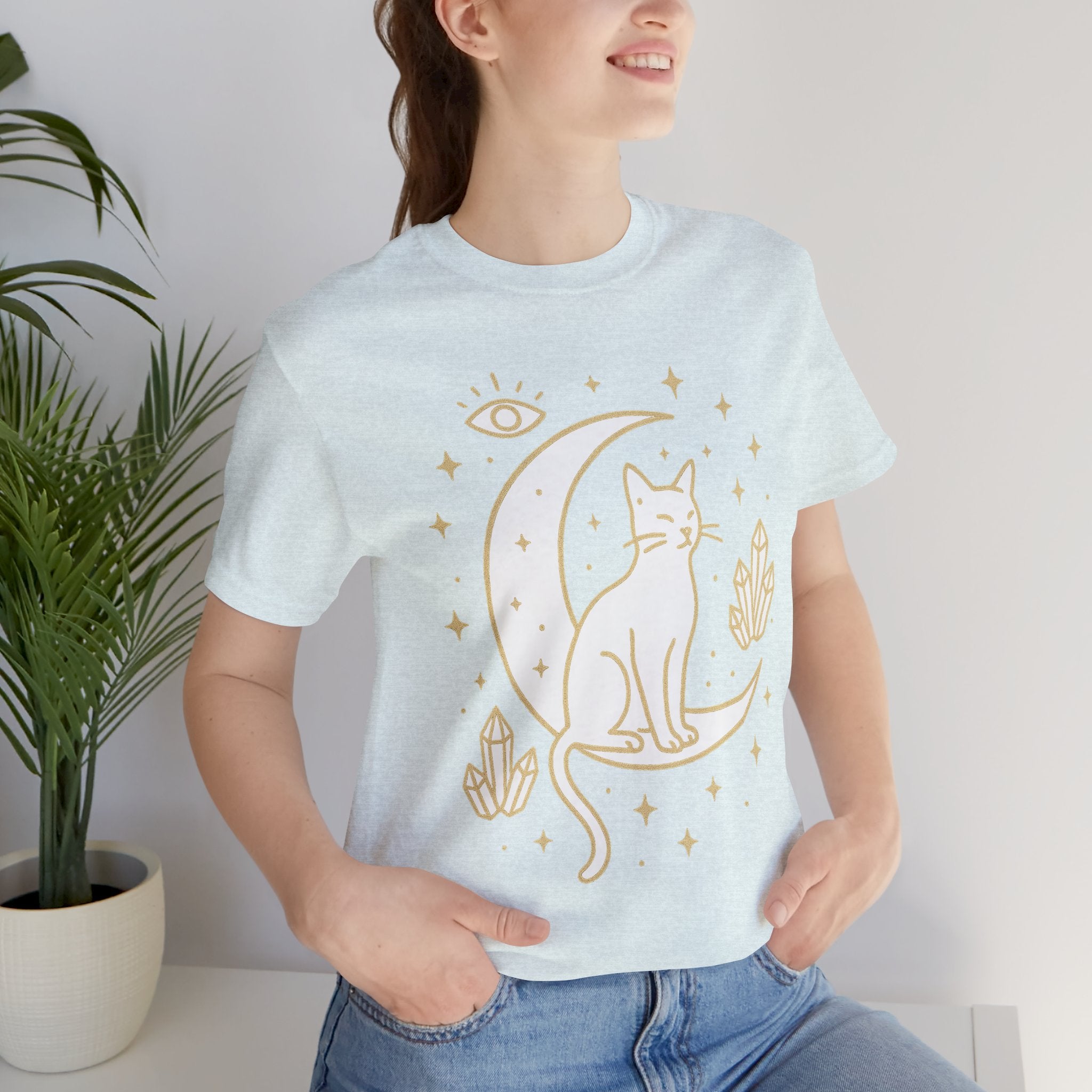 Cat with Crystals Tee, Cozy Cat Lover Shirt, Gift for Pet Owners, Trending Cute Animal Top, Cute Cat Tee