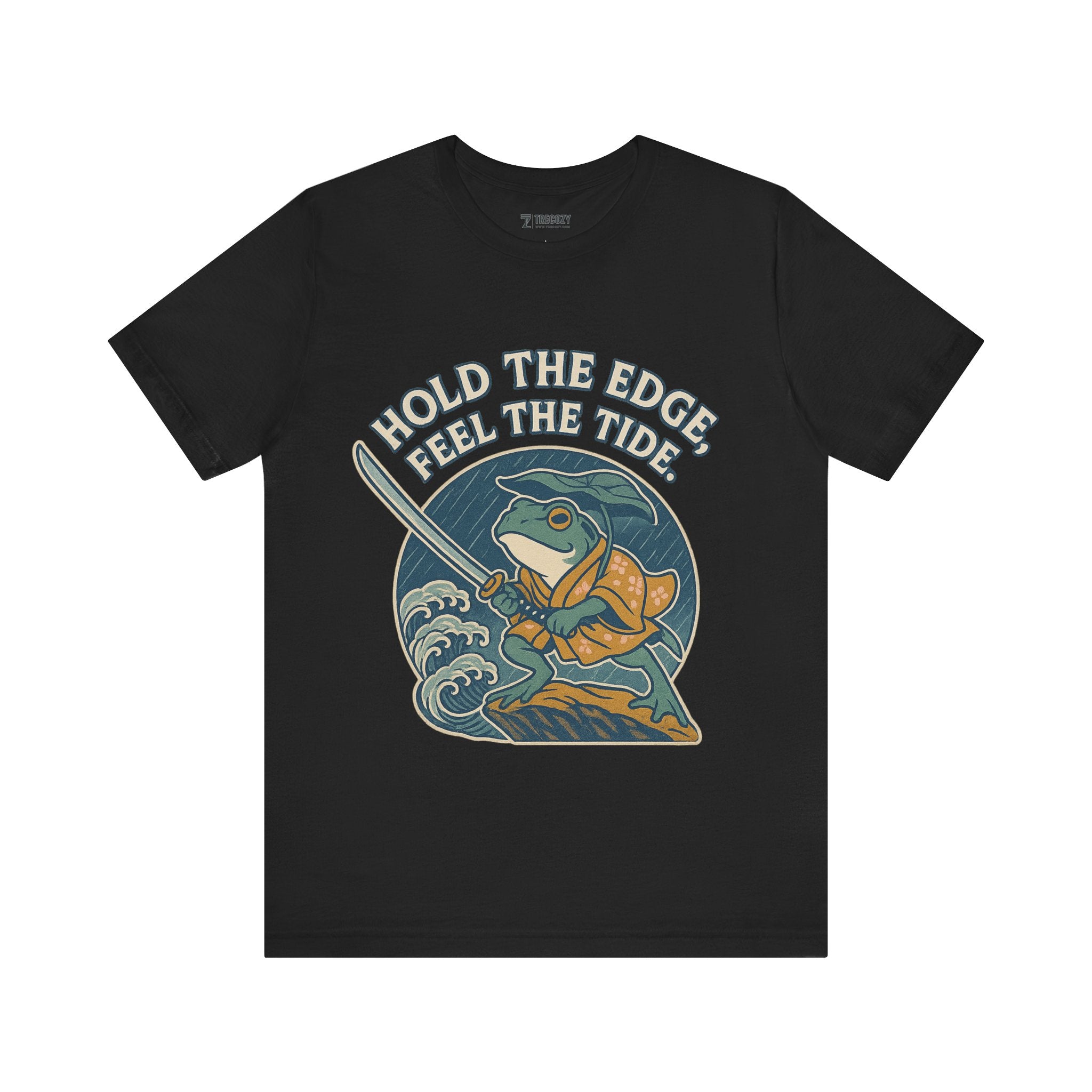 Hold the Edge, Feel the Tide – Japanese Ukiyo-e Samurai Frog T-Shirt, Warrior Wave Graphic Tee