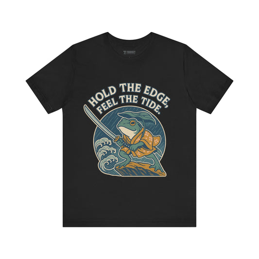 Hold the Edge, Feel the Tide – Japanese Ukiyo-e Samurai Frog T-Shirt, Warrior Wave Graphic Tee