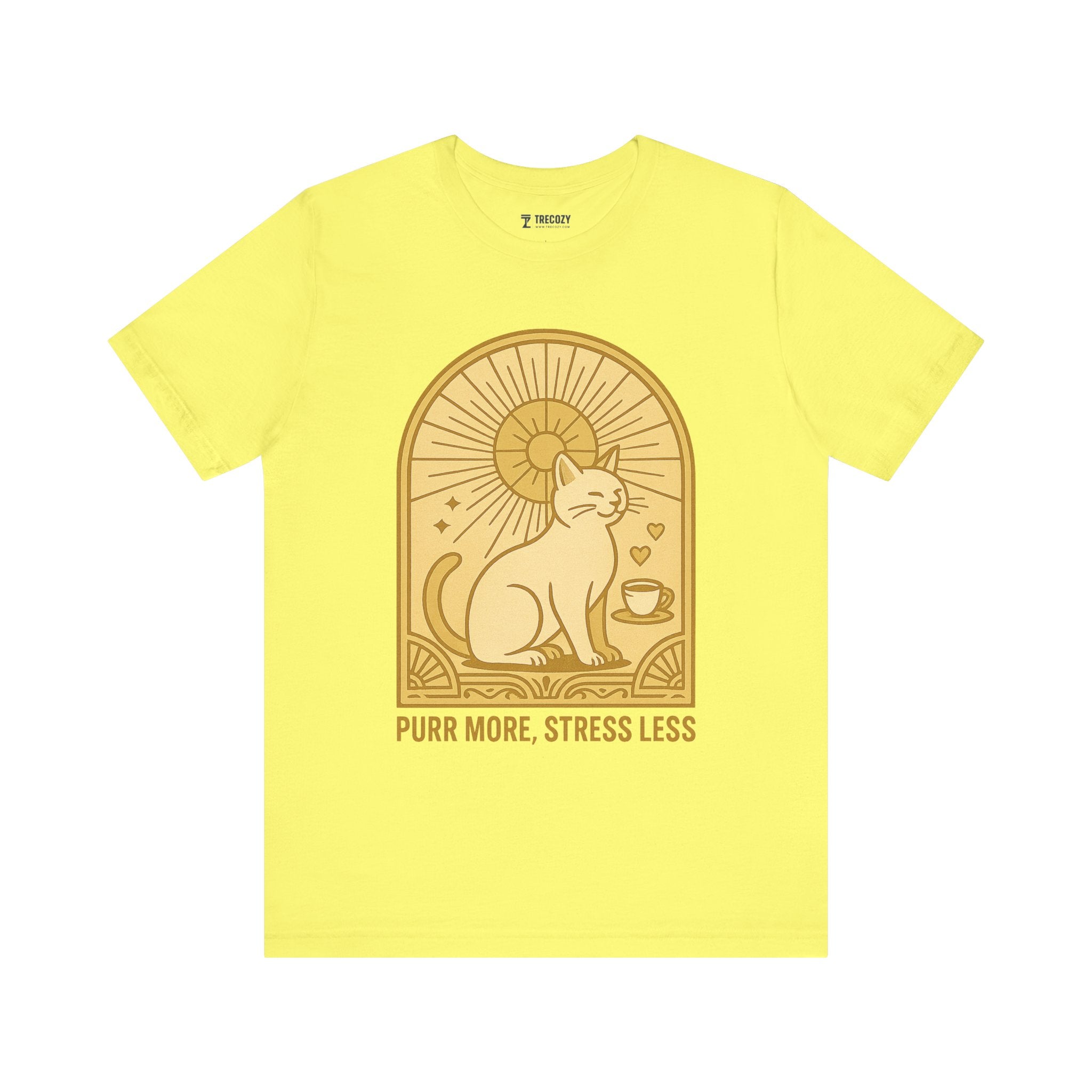 Purr More Stress Less Cat Tee, Cozy Cat Lover Shirt, Gift for Pet Owners, Cute Animal Top, Cat with Coffee