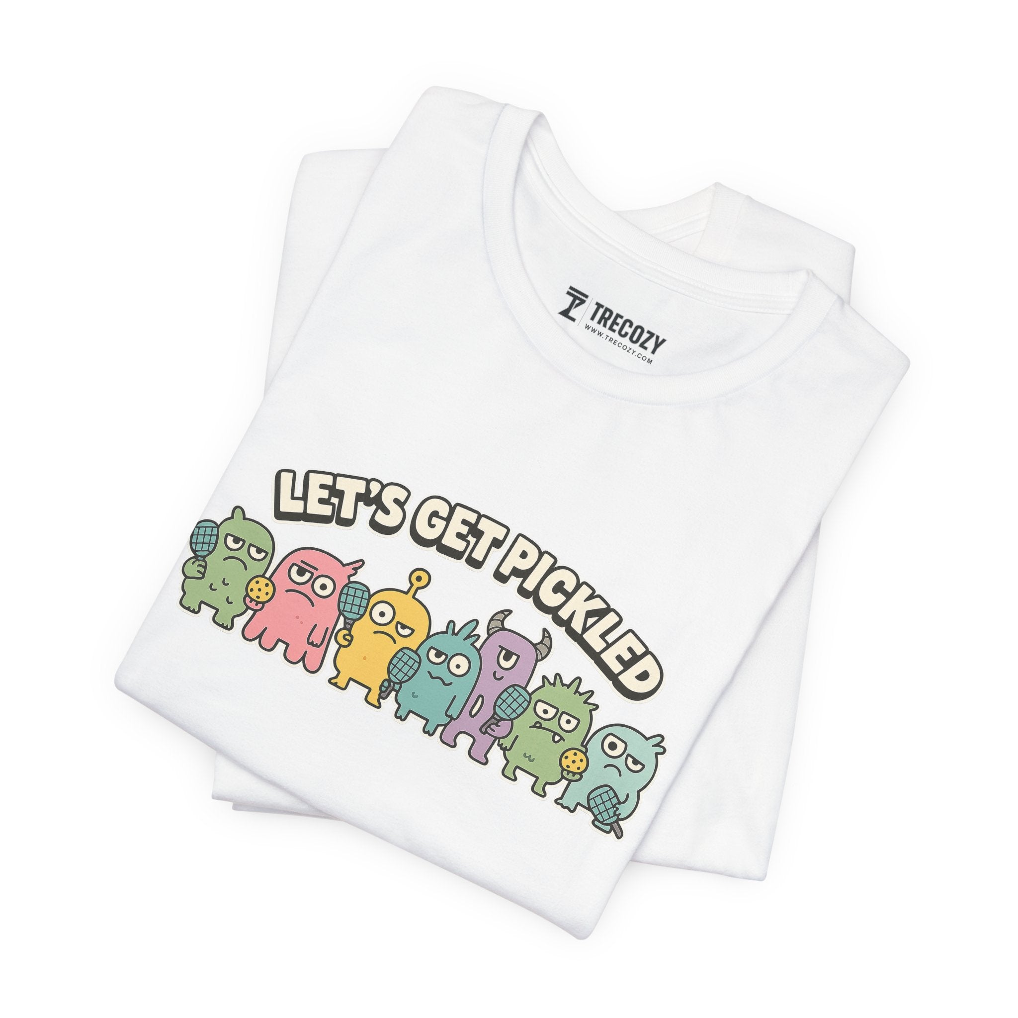 Let’s Get Pickled – Funny Pickleball Monster T-Shirt, Quirky Cartoon Sports Graphic Tee