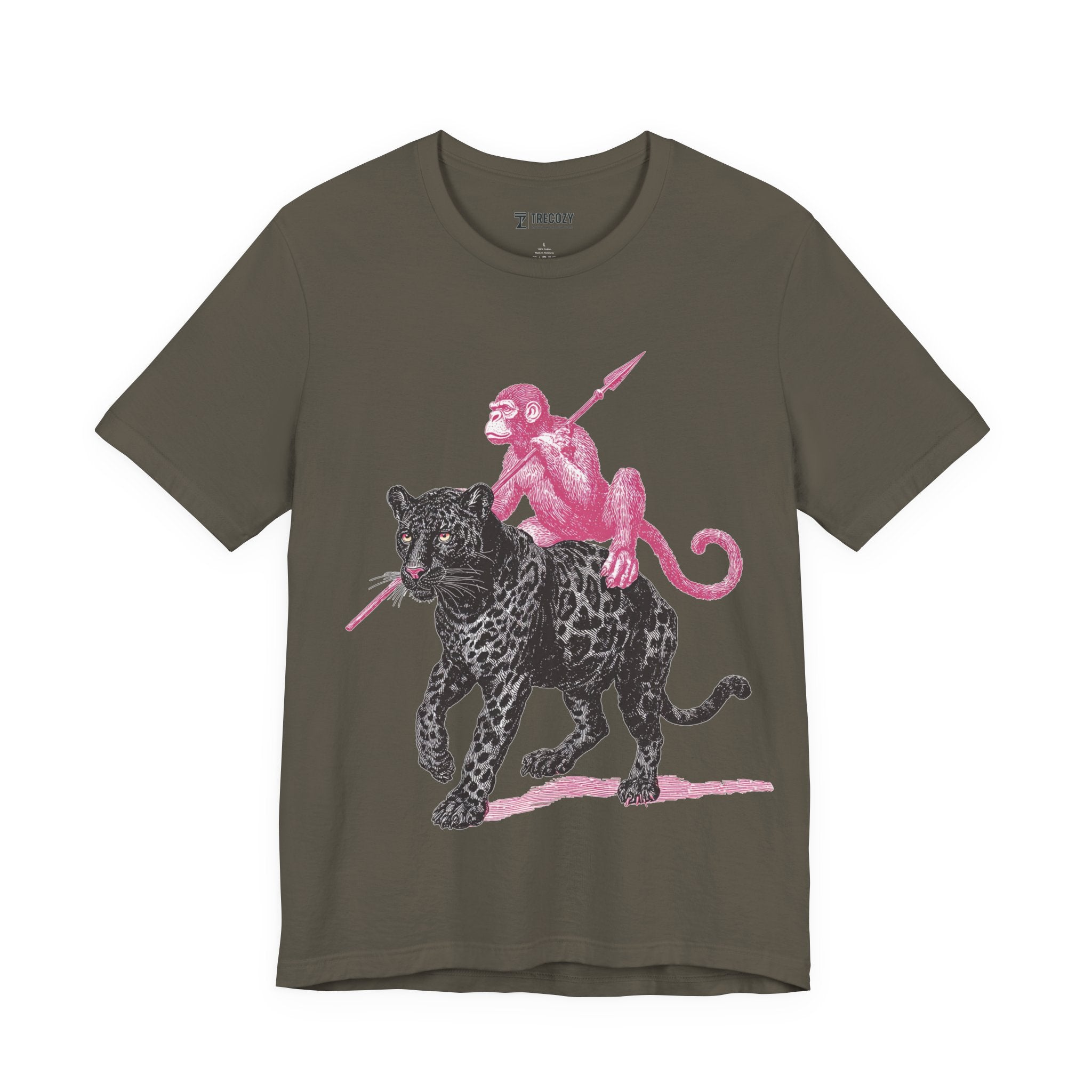Warrior Monkey & Panther – Bold Tribal-Inspired T-Shirt, Fierce Jungle Duo Graphic Tee, Bold Animal Print Shirt