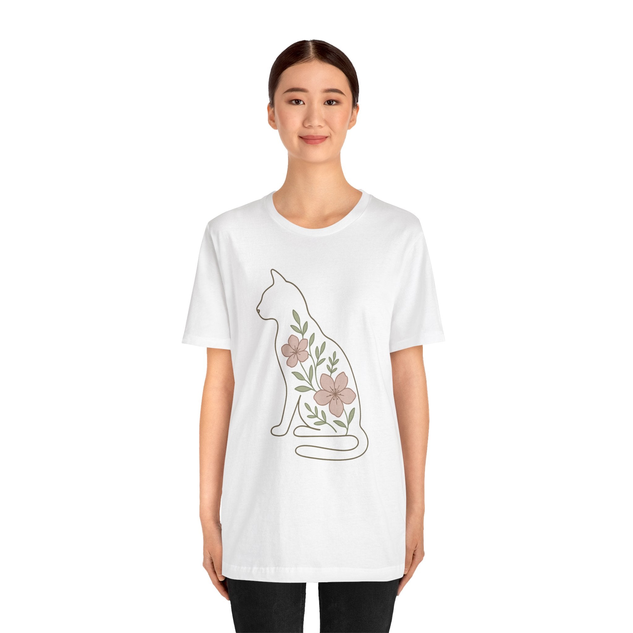 Floral Cat Tee, Cozy Cat Lover Shirt, Gift for Pet Owners, Cute Animal Top, Nature Inspired Fashion