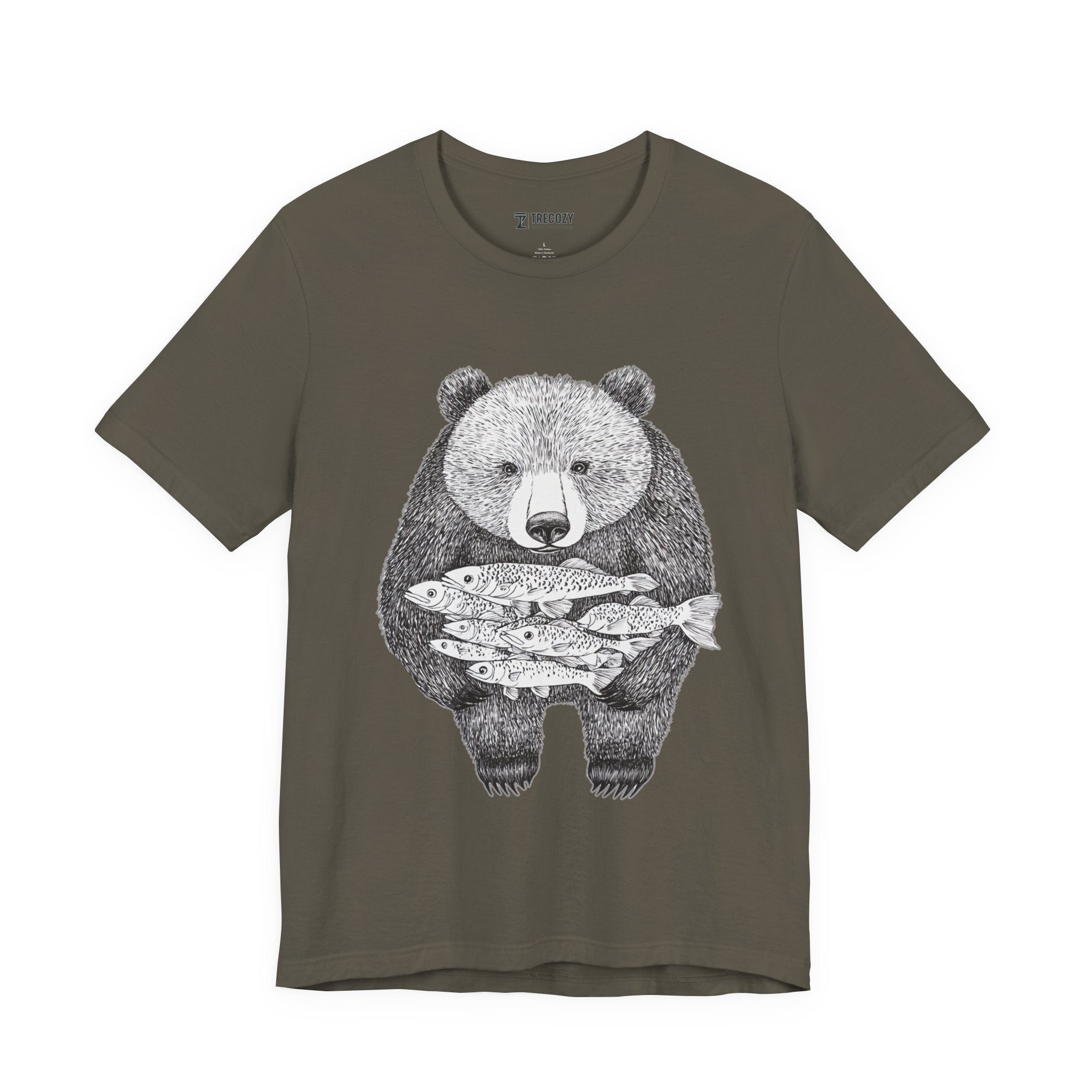 Bear with Fish Catch – Hand-Drawn Wildlife T-Shirt, Rustic Nature Graphic Tee, Artisan Wildlife Graphic Tee