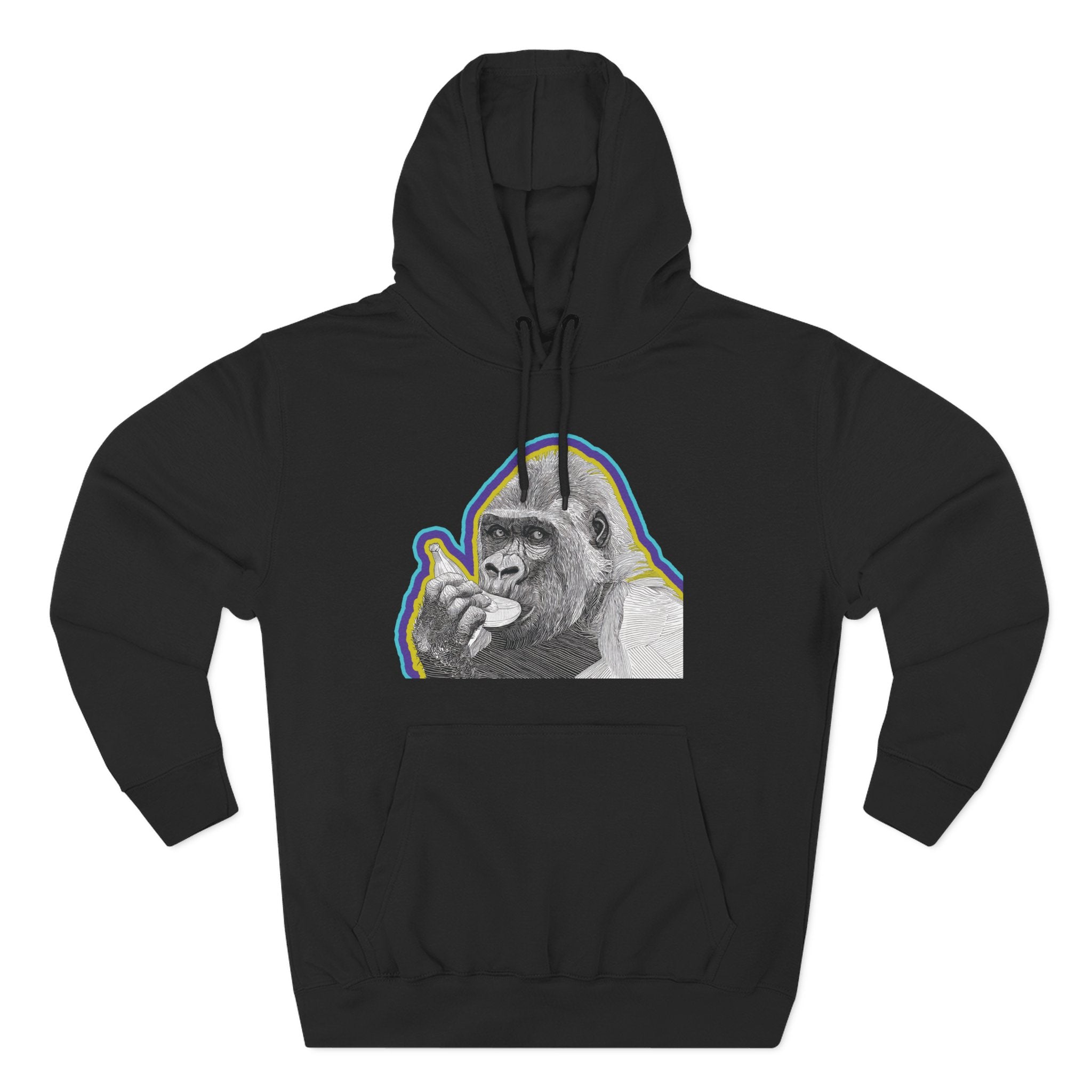 Psychedelic Gorilla Hoodie – Hand-Drawn Banana Graphic, Bold Neon Urban Streetwear, Perfect for Gifts, Lounging, Nature Lovers