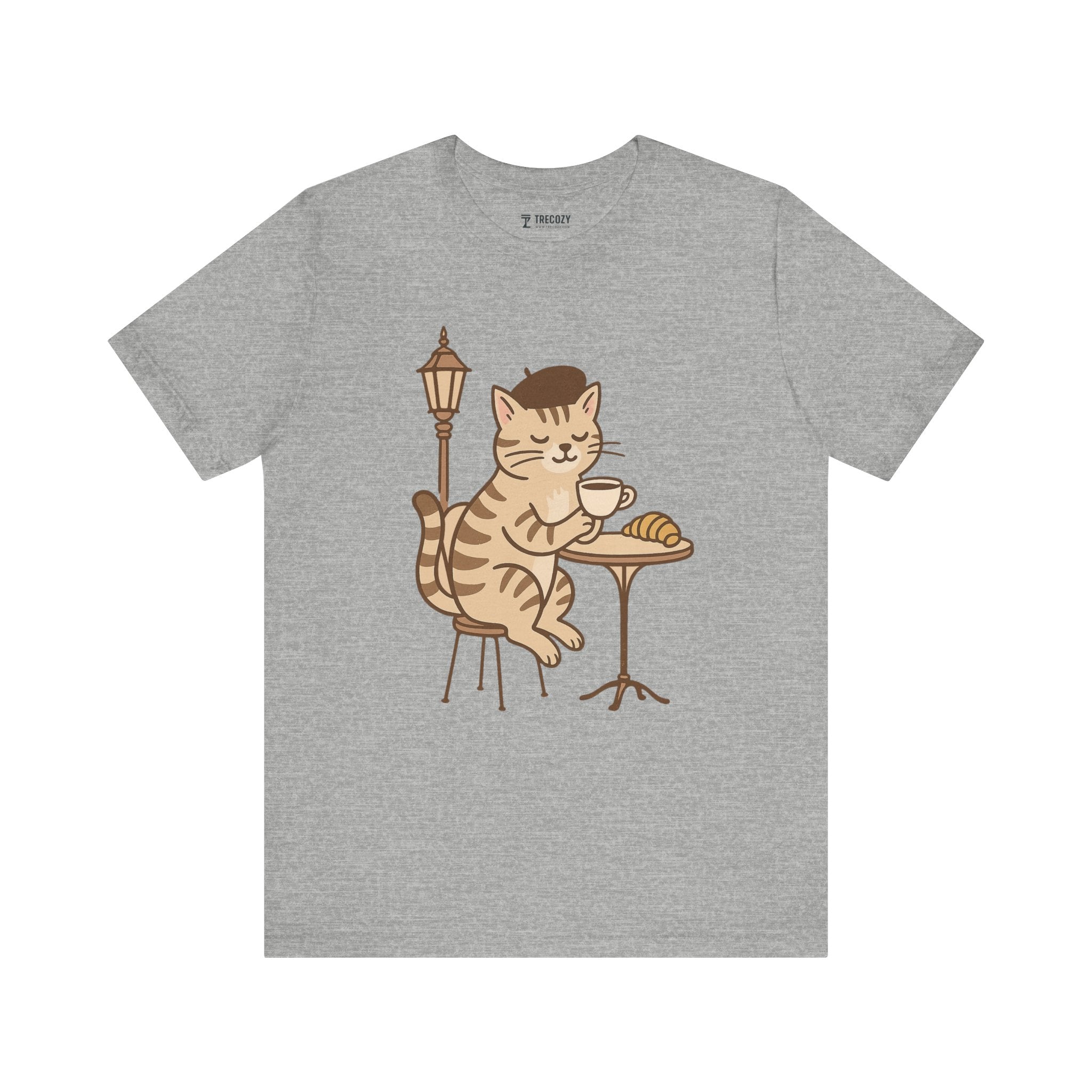 Cat Drinking Coffee Tee, Cozy Cat Lover Shirt, Gift for Pet Owners, Cute Animal Top, Cat with Croissant, Cat with Food, Travelling Cat