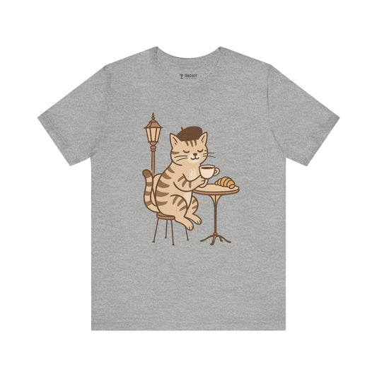 Cat Drinking Coffee Tee, Cozy Cat Lover Shirt, Gift for Pet Owners, Cute Animal Top, Cat with Croissant, Cat with Food, Travelling Cat