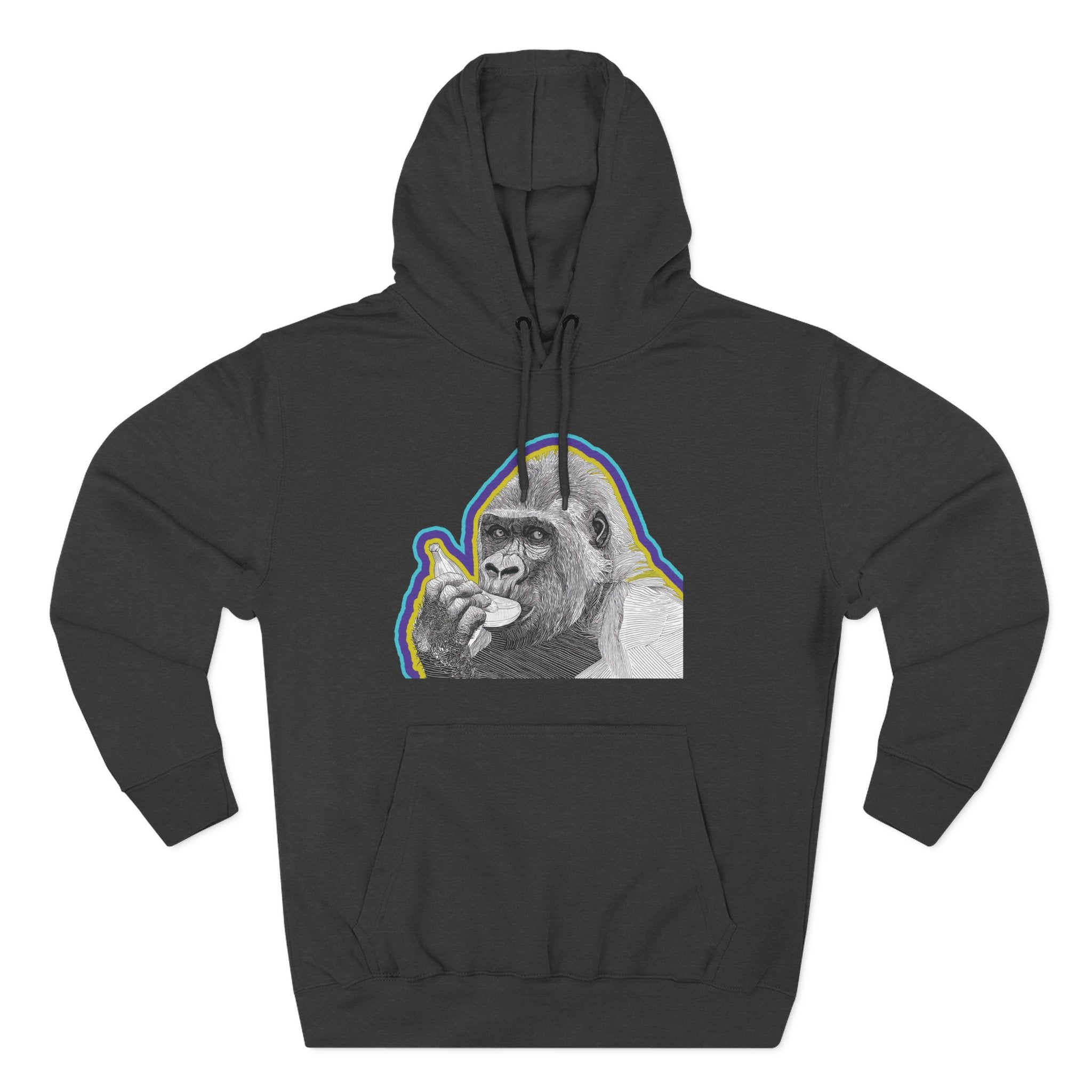 Psychedelic Gorilla Hoodie – Hand-Drawn Banana Graphic, Bold Neon Urban Streetwear, Perfect for Gifts, Lounging, Nature Lovers