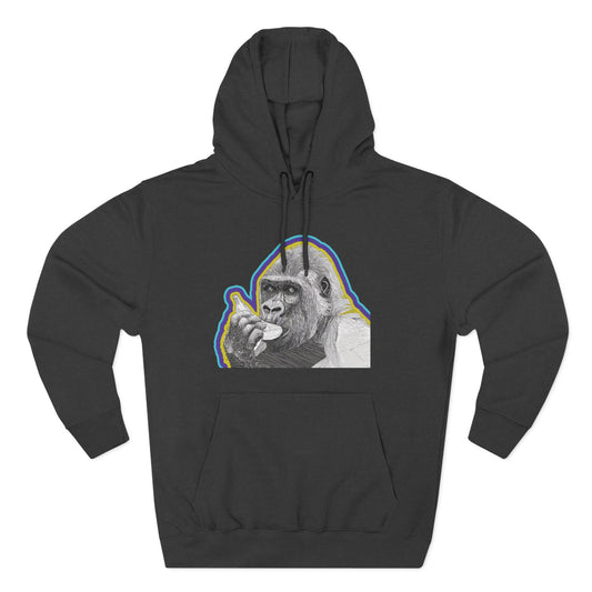 Psychedelic Gorilla Hoodie – Hand-Drawn Banana Graphic, Bold Neon Urban Streetwear, Perfect for Gifts, Lounging, Nature Lovers