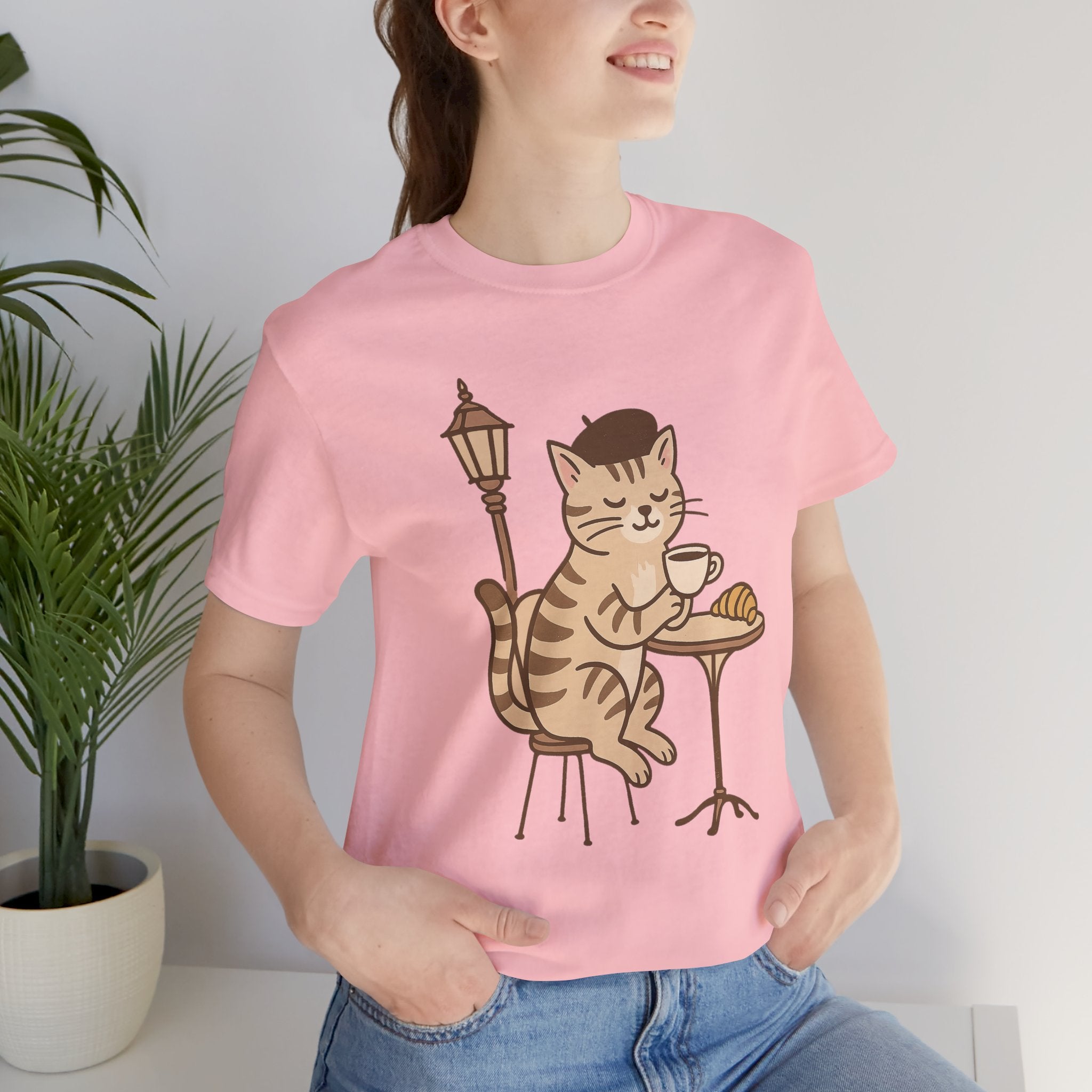 Cat Drinking Coffee Tee, Cozy Cat Lover Shirt, Gift for Pet Owners, Cute Animal Top, Cat with Croissant, Cat with Food, Travelling Cat
