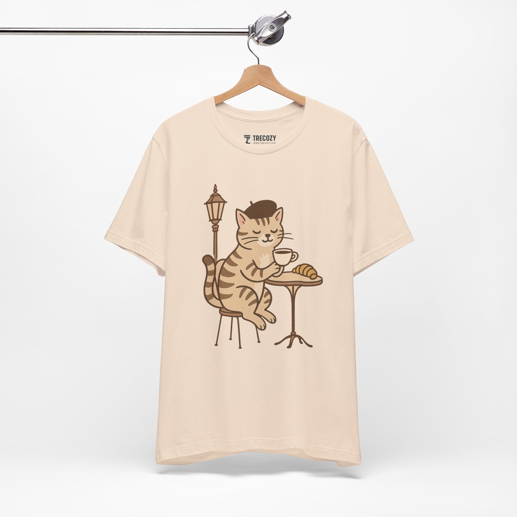 Cat Drinking Coffee Tee, Cozy Cat Lover Shirt, Gift for Pet Owners, Cute Animal Top, Cat with Croissant, Cat with Food, Travelling Cat