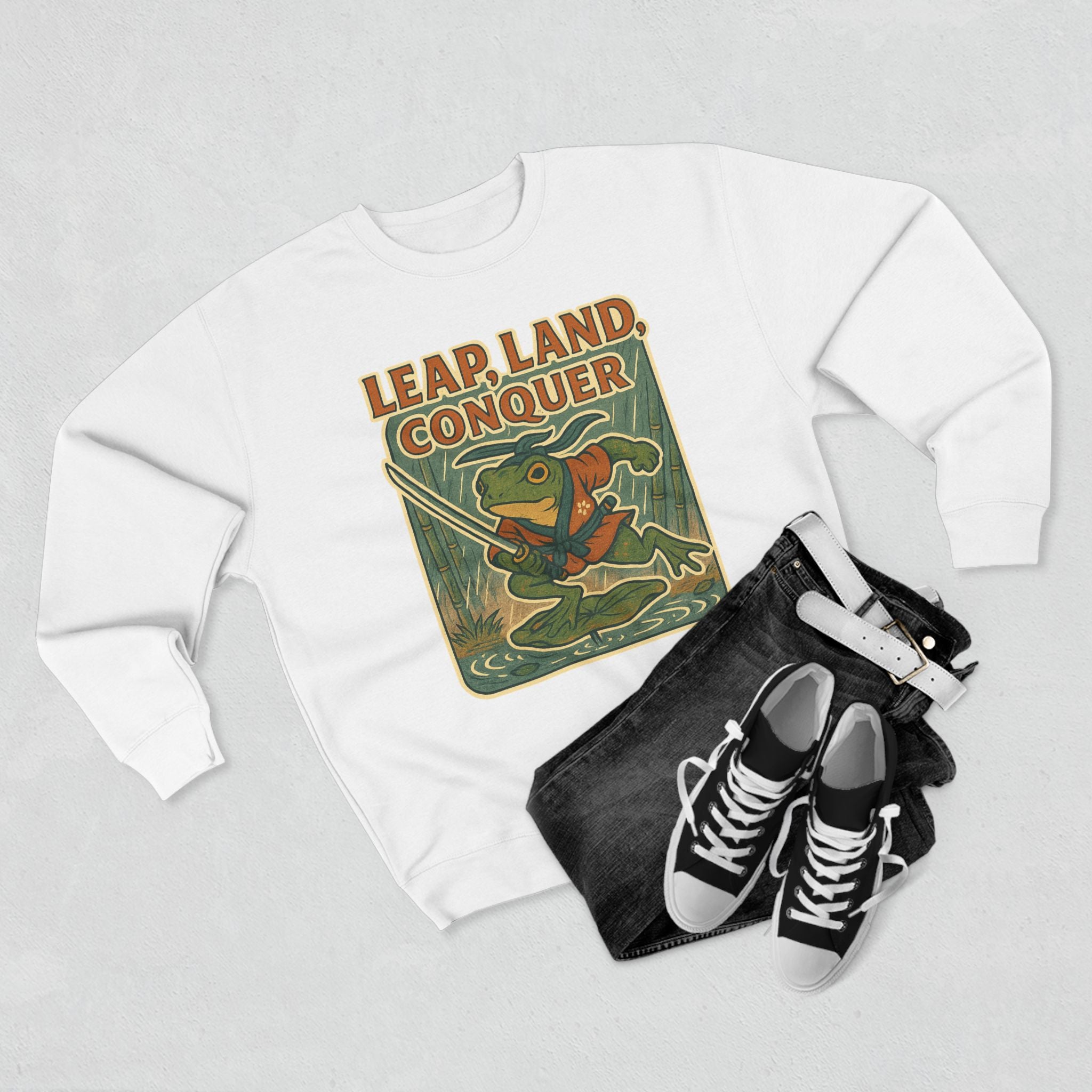 Ukiyo-e Whimsical Frog Adventure Sweatshirt | Leap Land Conquer Unisex Crewneck | Perfect for Nature Lovers, Gift for Friends, Cozy Casual Wear