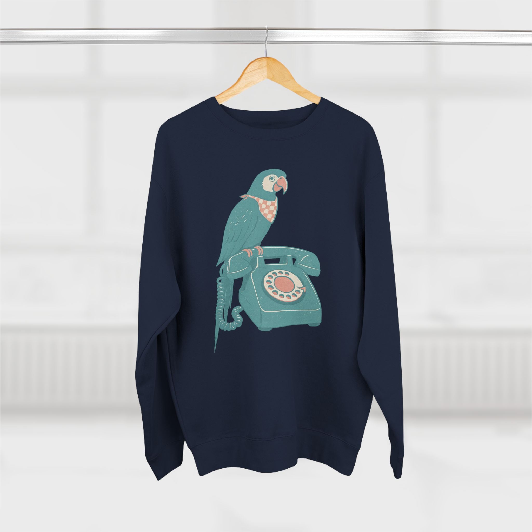 Vintage Parrot Phone Unisex Crewneck Sweatshirt, Gift for Bird Lovers, Cute Casual Wear, Retro Vibe, Ideal for Cozy Days, Birthday Gift