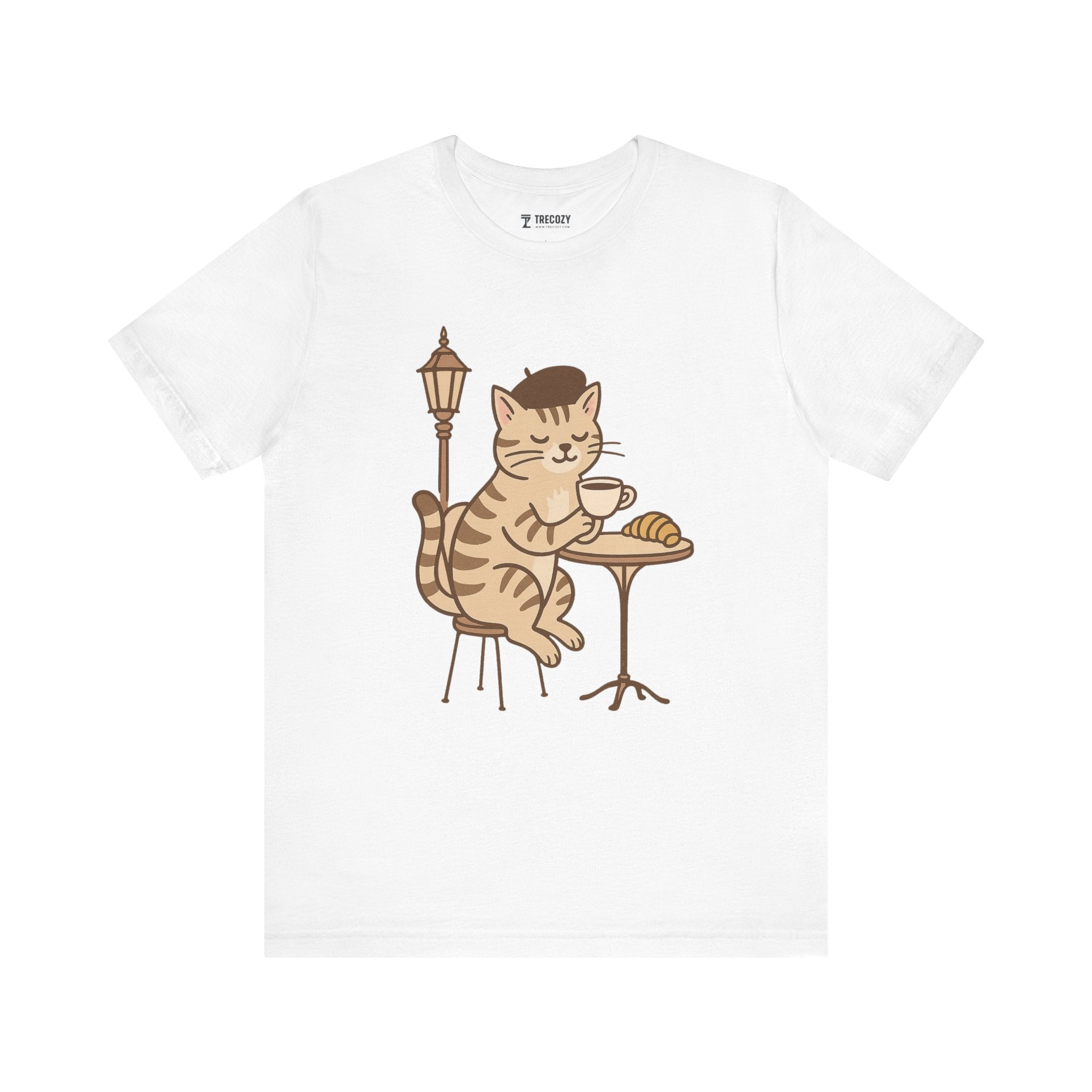 Cat Drinking Coffee Tee, Cozy Cat Lover Shirt, Gift for Pet Owners, Cute Animal Top, Cat with Croissant, Cat with Food, Travelling Cat