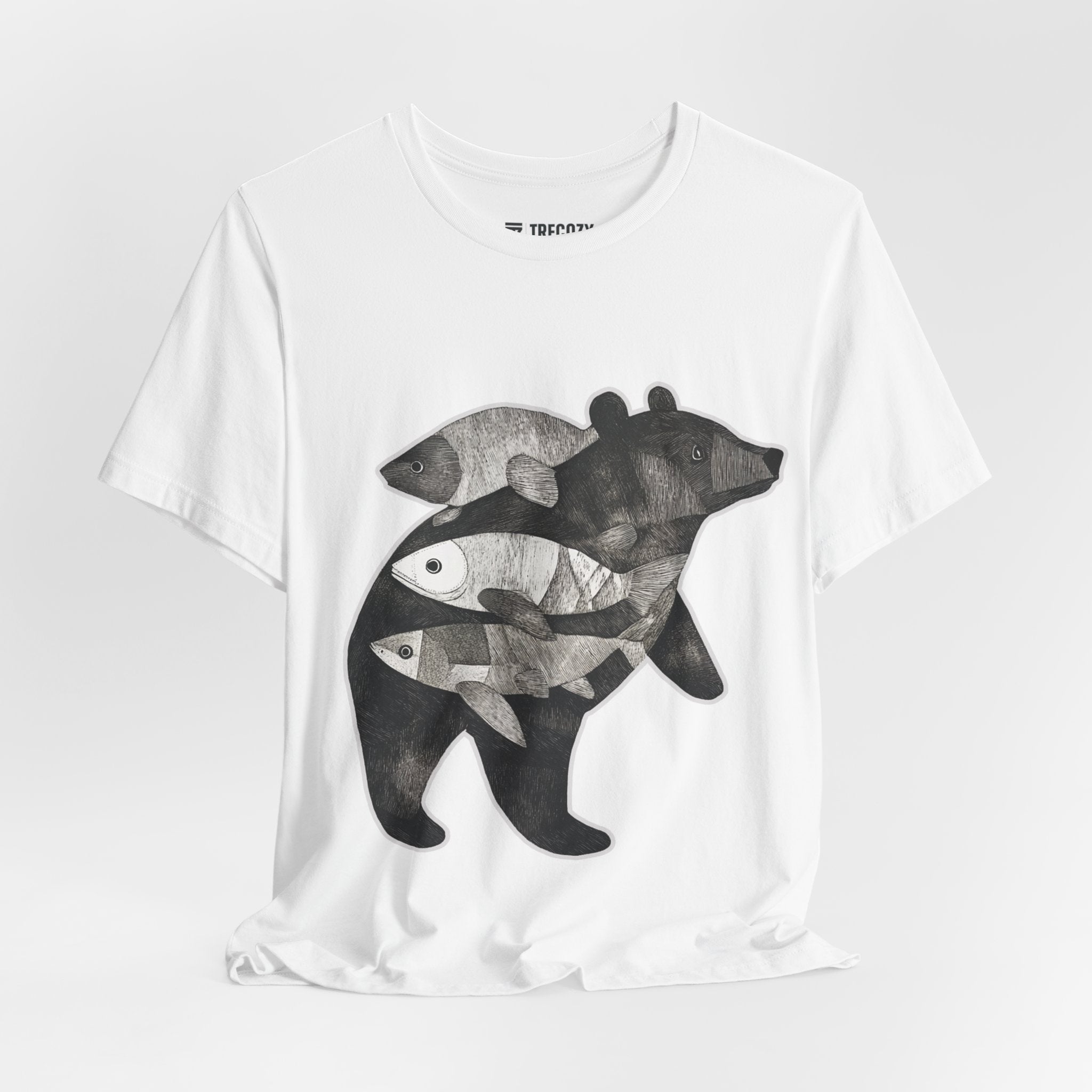 Bear & Fish – Nature T-Shirt, Artisan Wildlife Graphic Tee, Bear Graphic T-Shirt, Wildlife Lover Shirt