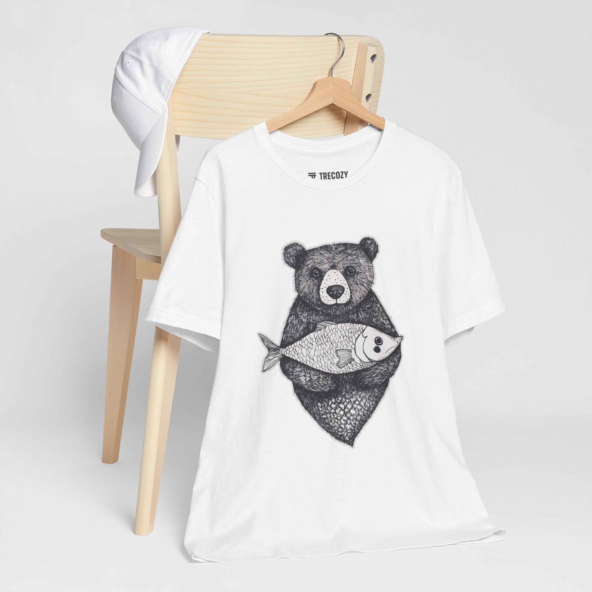Bear with Fish – Woodland Animal T-Shirt, Nature-Inspired Graphic Tee