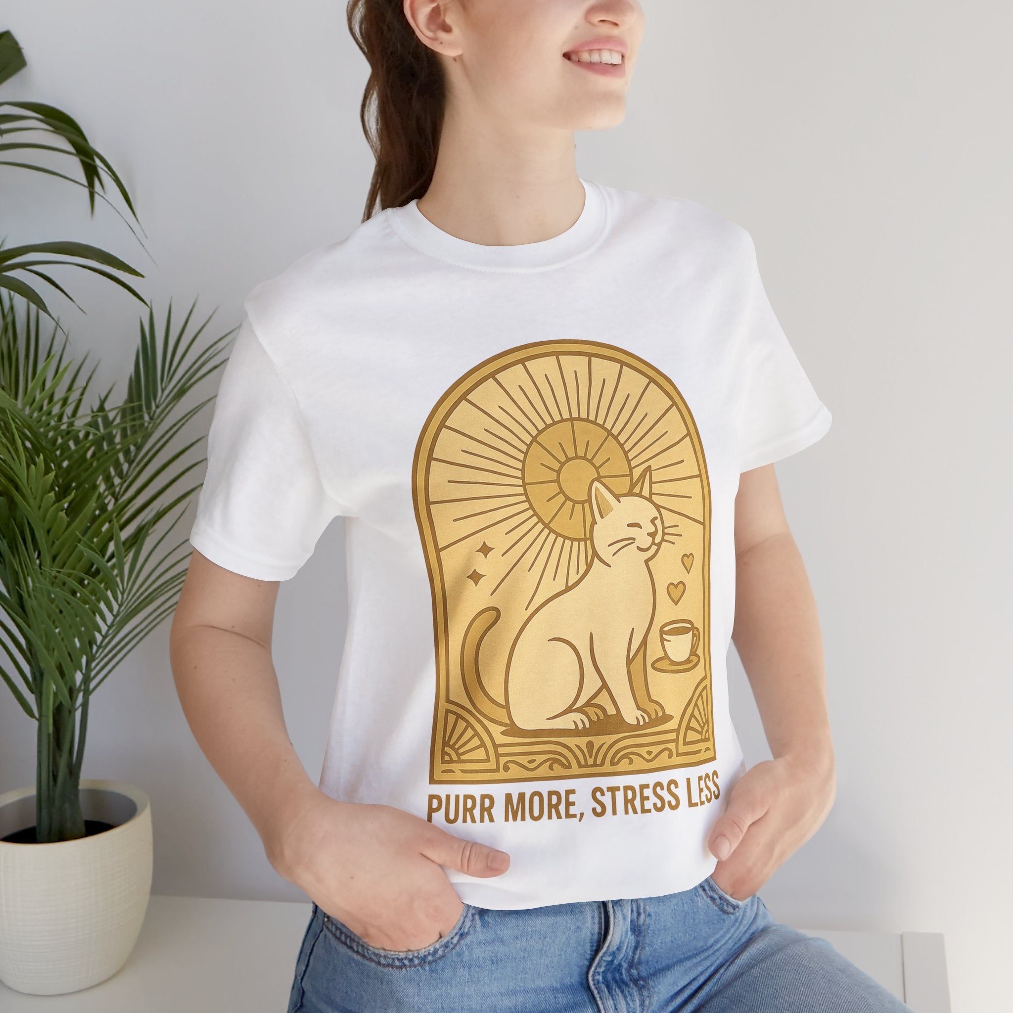 Purr More Stress Less Cat Tee, Cozy Cat Lover Shirt, Gift for Pet Owners, Cute Animal Top, Cat with Coffee