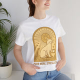 Purr More Stress Less Cat Tee, Cozy Cat Lover Shirt, Gift for Pet Owners, Cute Animal Top, Cat with Coffee