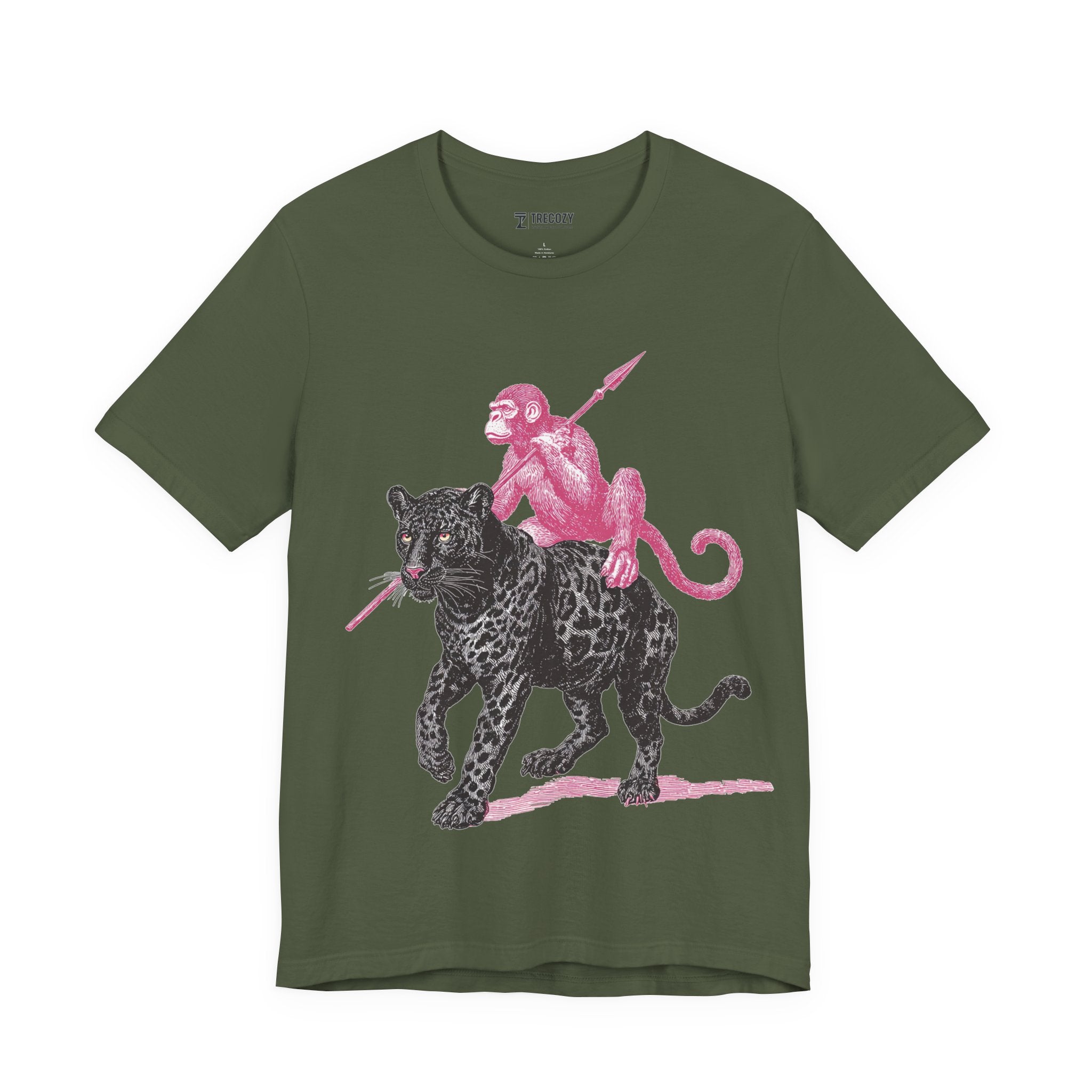 Warrior Monkey & Panther – Bold Tribal-Inspired T-Shirt, Fierce Jungle Duo Graphic Tee, Bold Animal Print Shirt