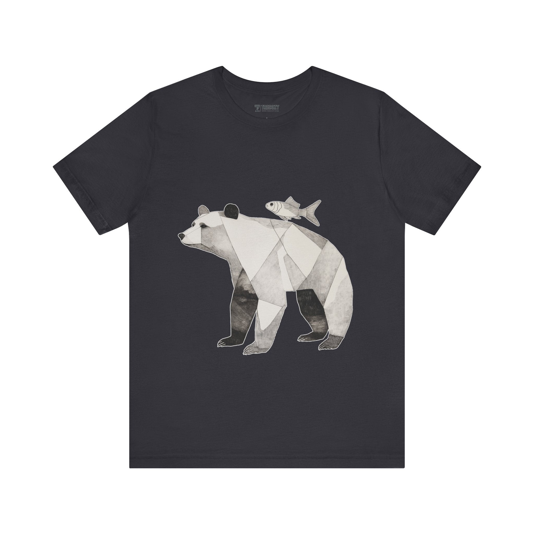 Geometric Bear & Fish – Hand-Drawn Abstract Wildlife T-Shirt, Modern Nature Graphic Tee, Wildlife Graphic Tee