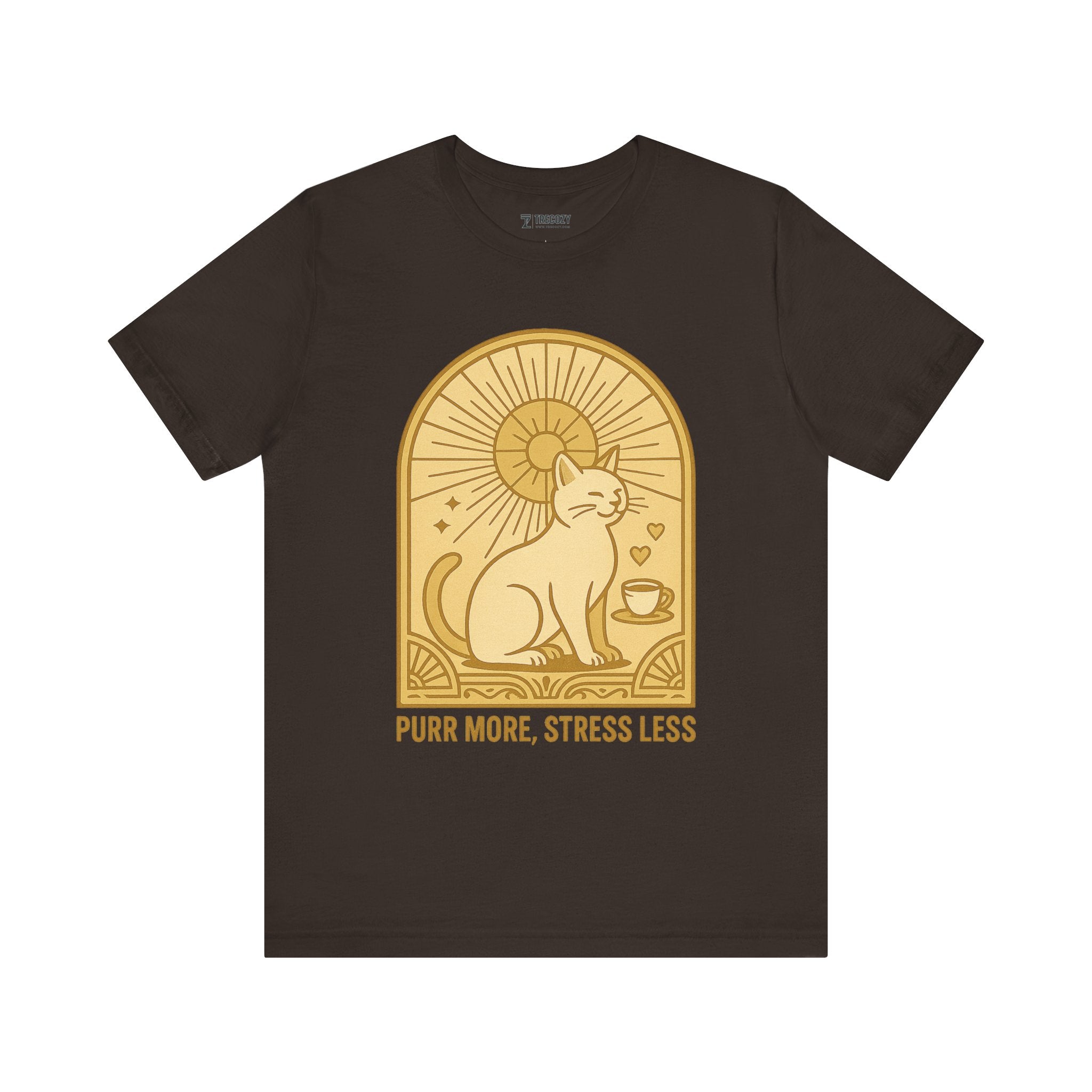 Purr More Stress Less Cat Tee, Cozy Cat Lover Shirt, Gift for Pet Owners, Cute Animal Top, Cat with Coffee