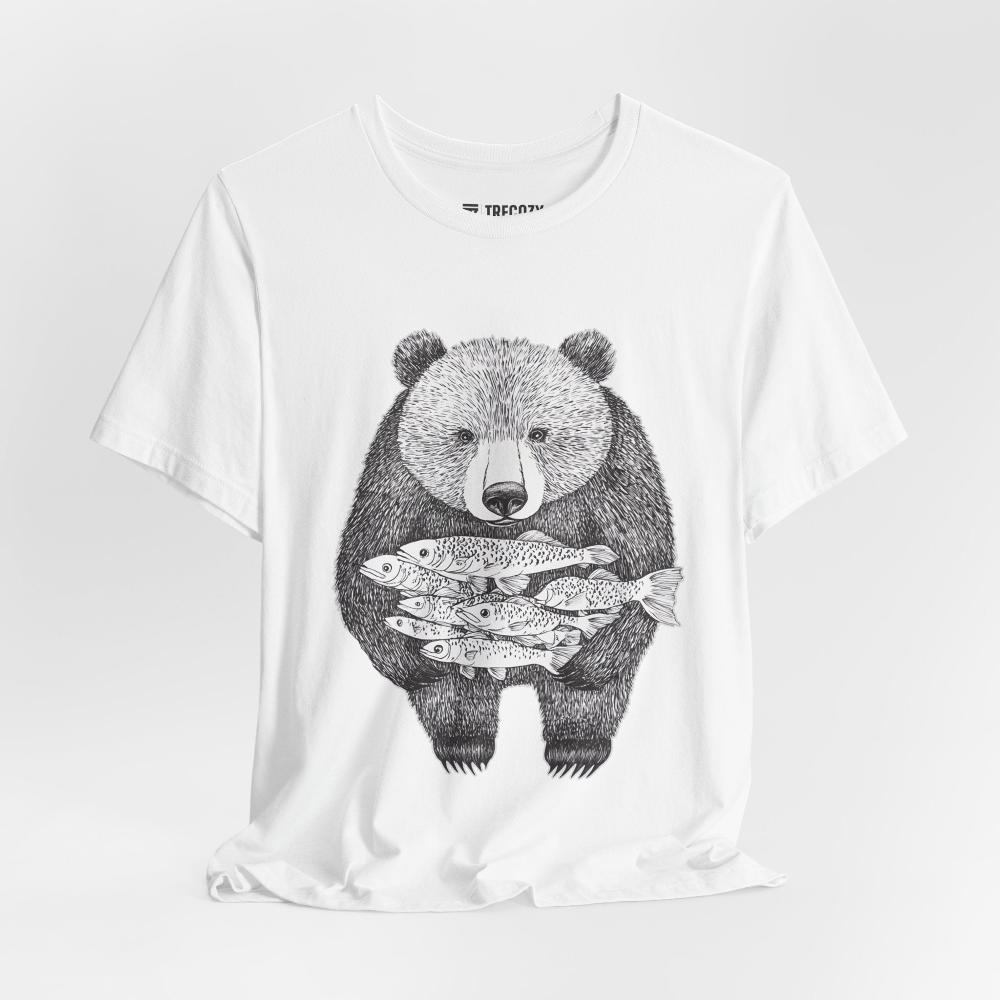 Bear with Fish Catch – Hand-Drawn Wildlife T-Shirt, Rustic Nature Graphic Tee, Artisan Wildlife Graphic Tee