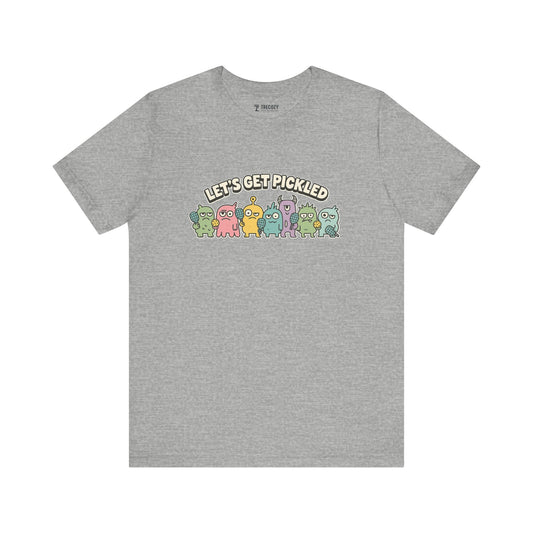 Let’s Get Pickled – Funny Pickleball Monster T-Shirt, Quirky Cartoon Sports Graphic Tee