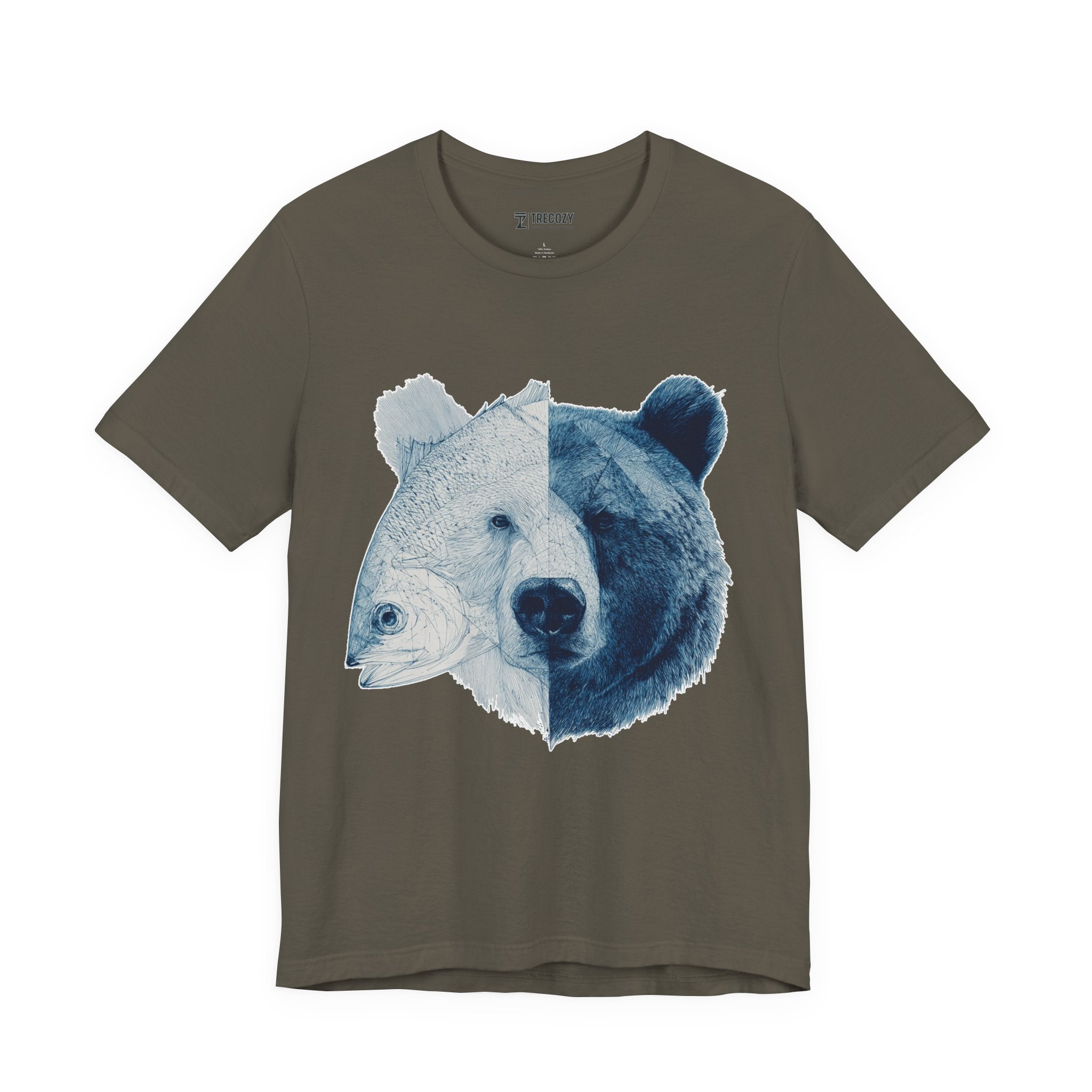 Bear & Fish Duality – Artistic Wildlife Fusion T-Shirt, Nature-Inspired Graphic Tee