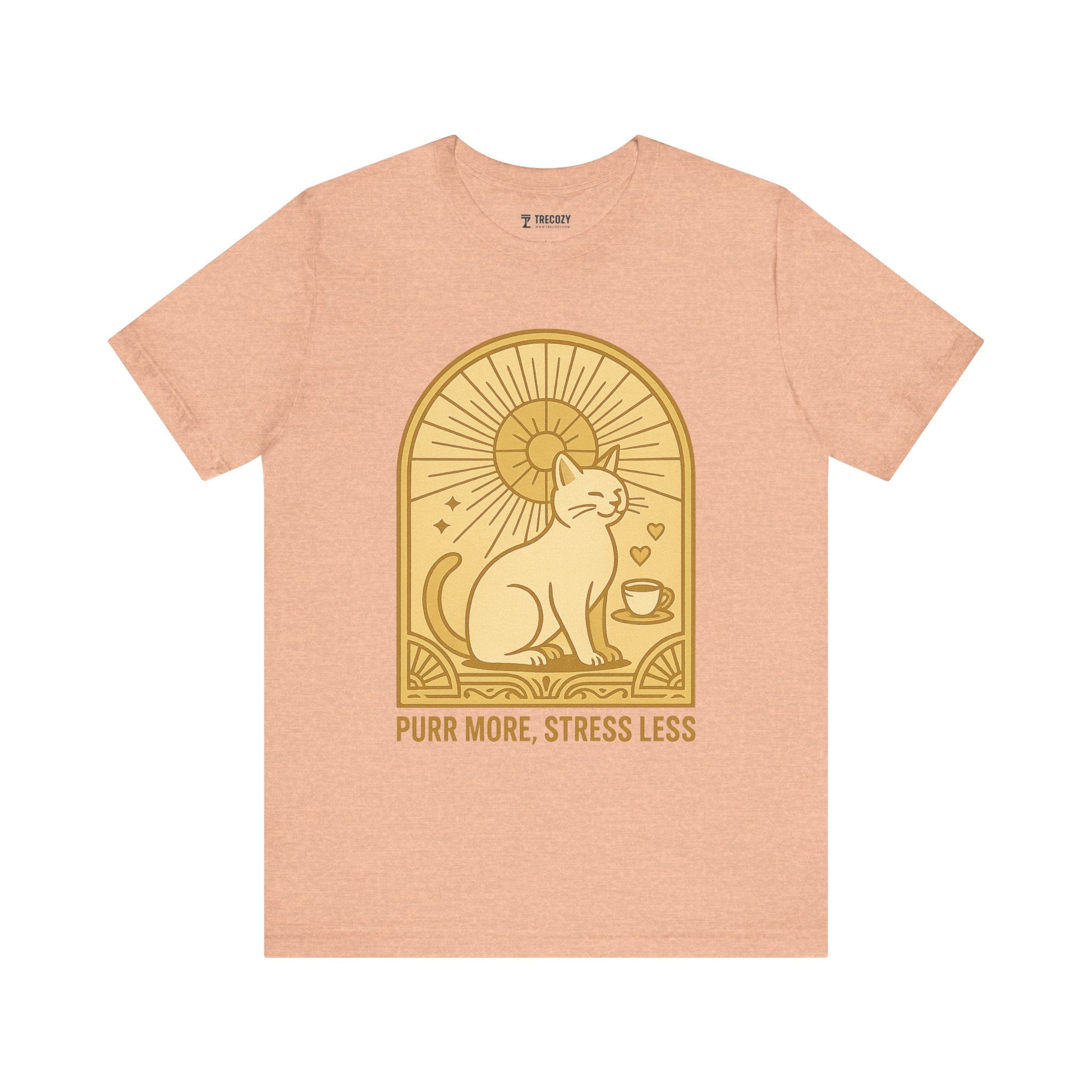 Purr More Stress Less Cat Tee, Cozy Cat Lover Shirt, Gift for Pet Owners, Cute Animal Top, Cat with Coffee