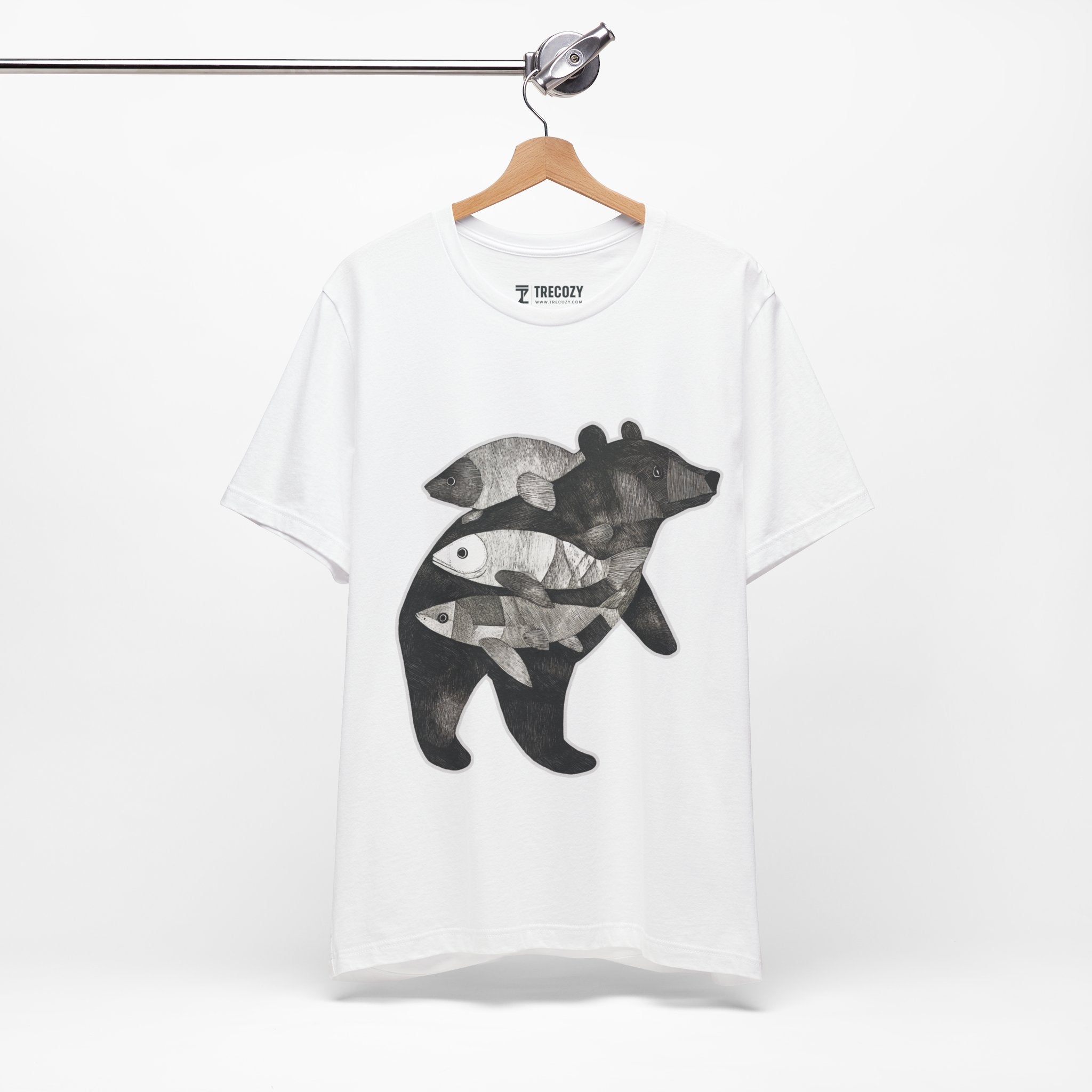 Bear & Fish – Nature T-Shirt, Artisan Wildlife Graphic Tee, Bear Graphic T-Shirt, Wildlife Lover Shirt