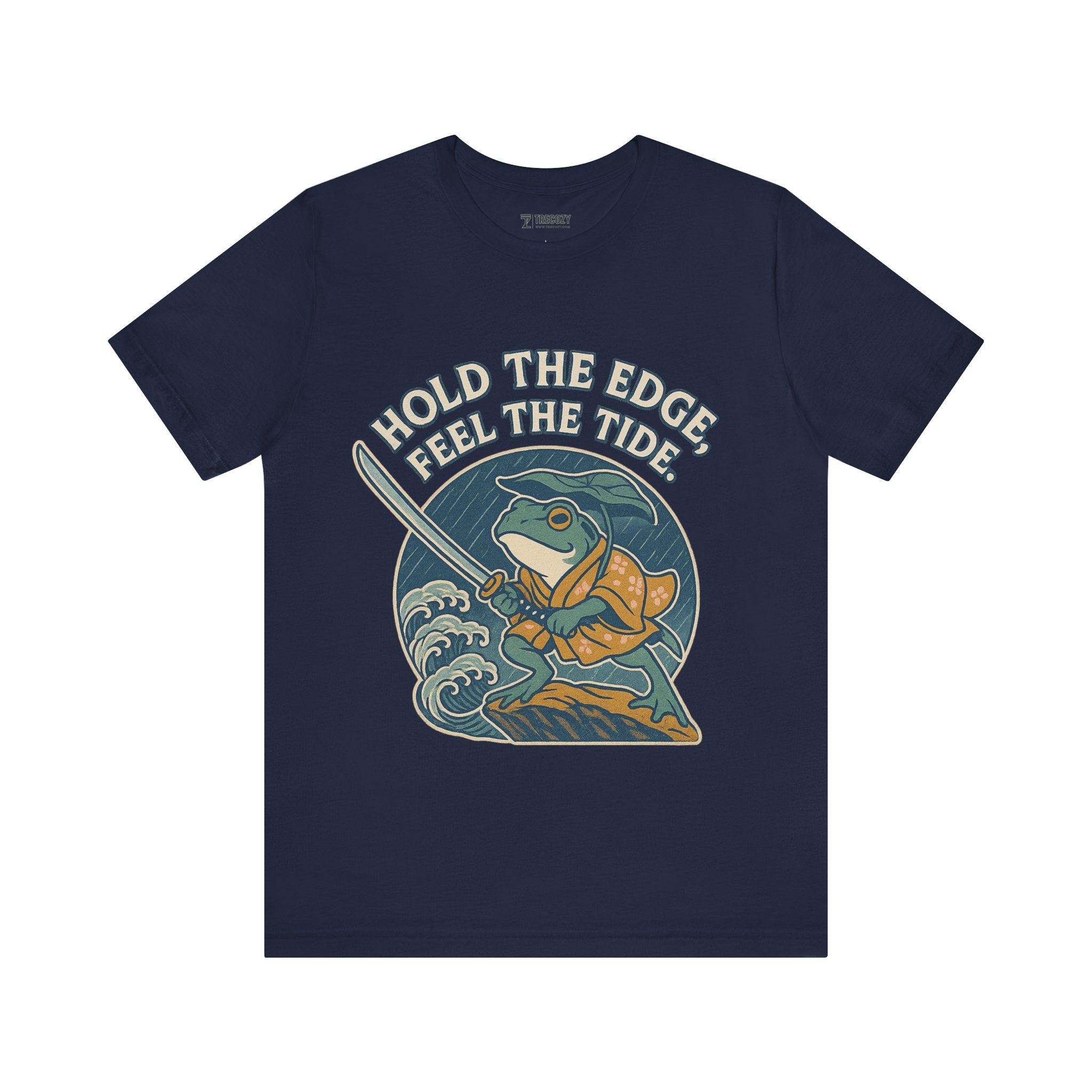 Hold the Edge, Feel the Tide – Japanese Ukiyo-e Samurai Frog T-Shirt, Warrior Wave Graphic Tee