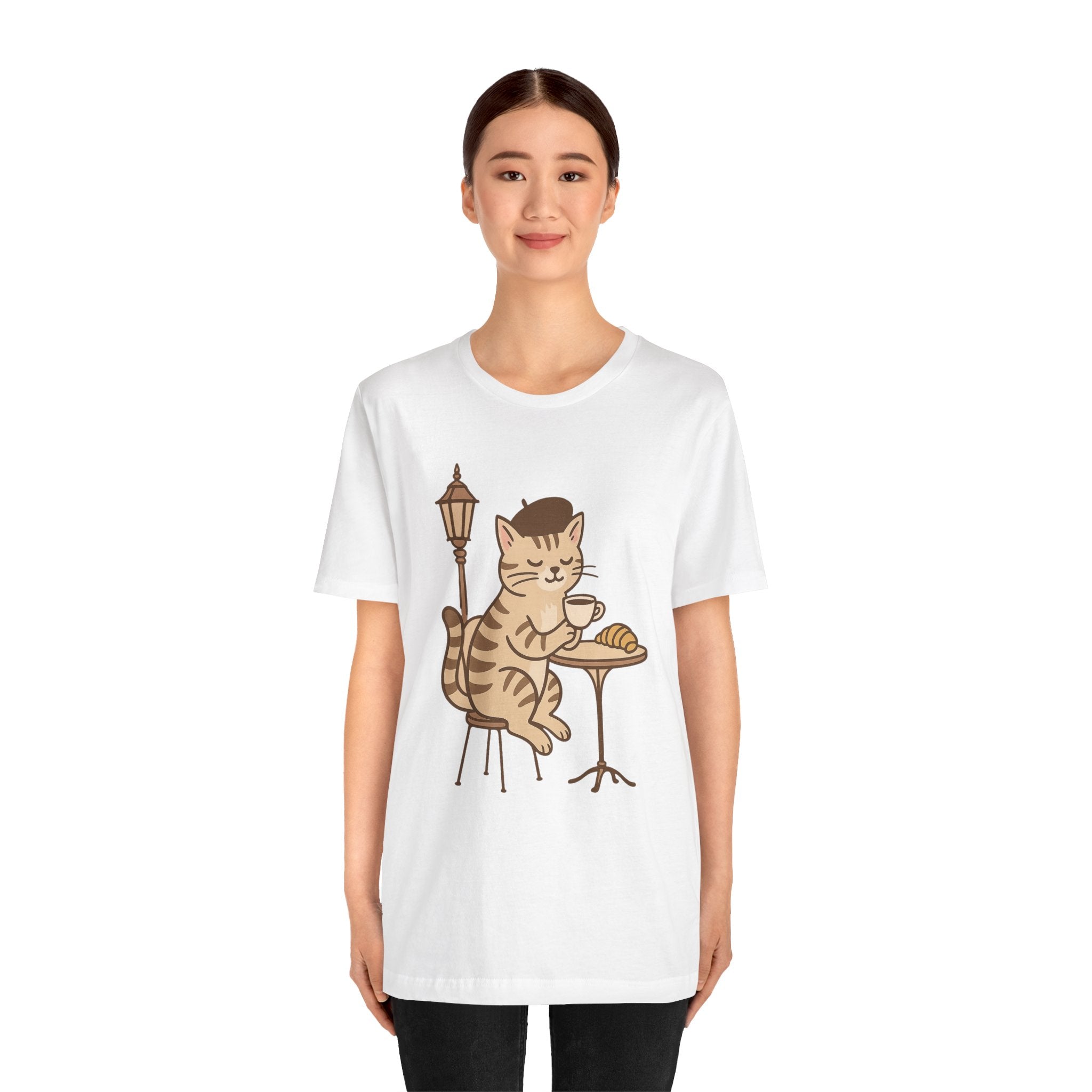 Cat Drinking Coffee Tee, Cozy Cat Lover Shirt, Gift for Pet Owners, Cute Animal Top, Cat with Croissant, Cat with Food, Travelling Cat