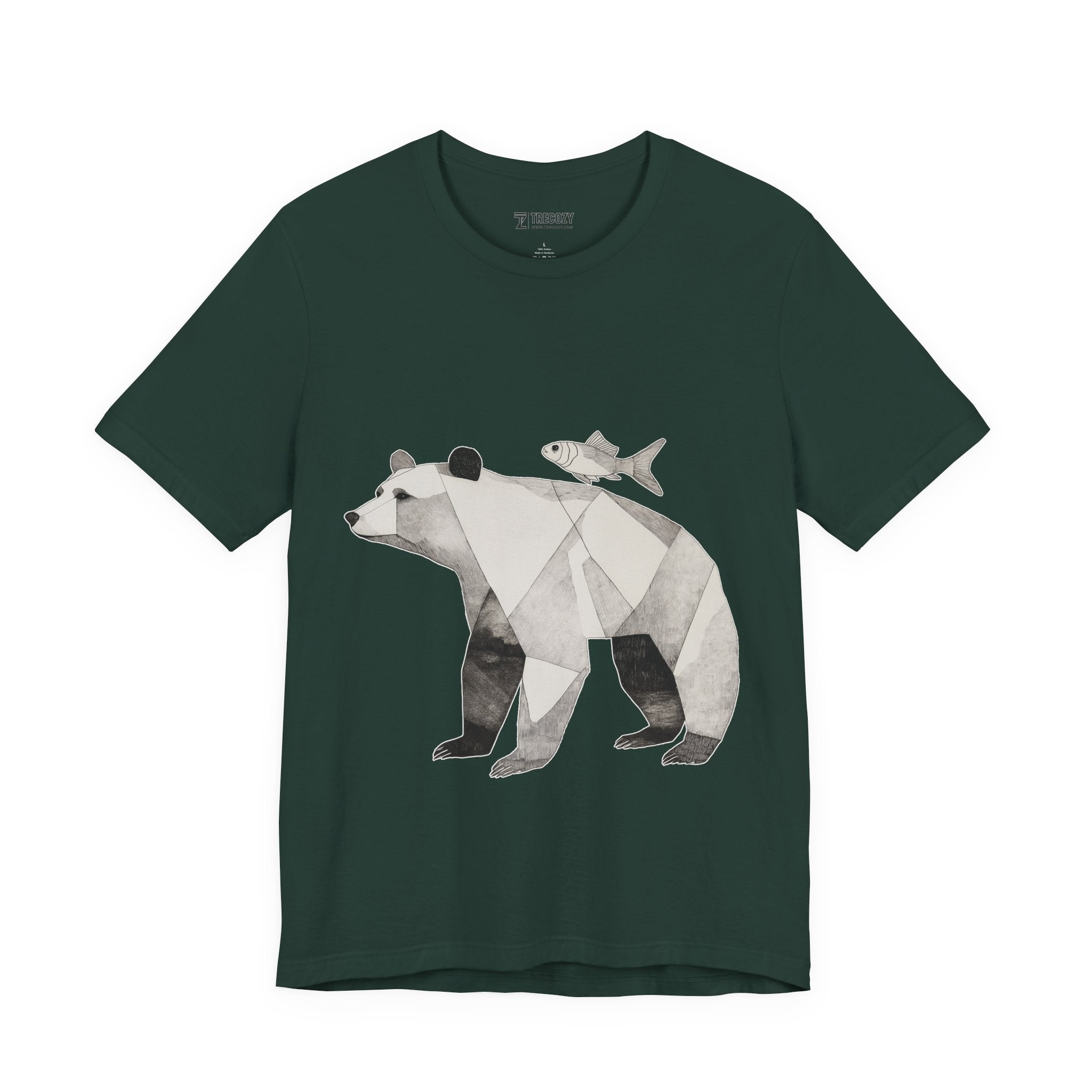 Geometric Bear & Fish – Hand-Drawn Abstract Wildlife T-Shirt, Modern Nature Graphic Tee, Wildlife Graphic Tee