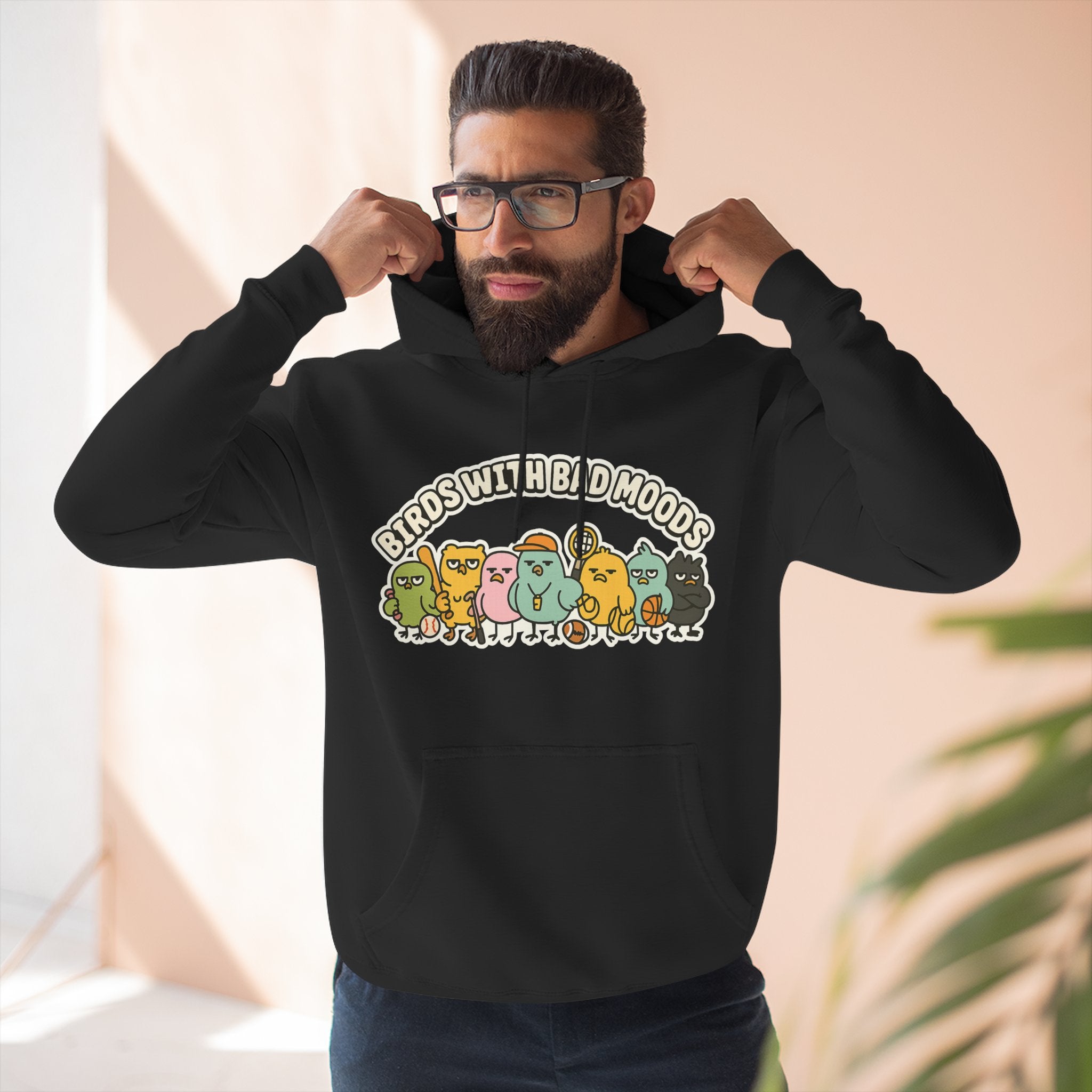 Birds with Bad Moods Adorable Fleece Hoodie, Cozy Sweatshirt, Relaxed Apparel, Gift for Friends, Casual Wear, Chill Hoodie