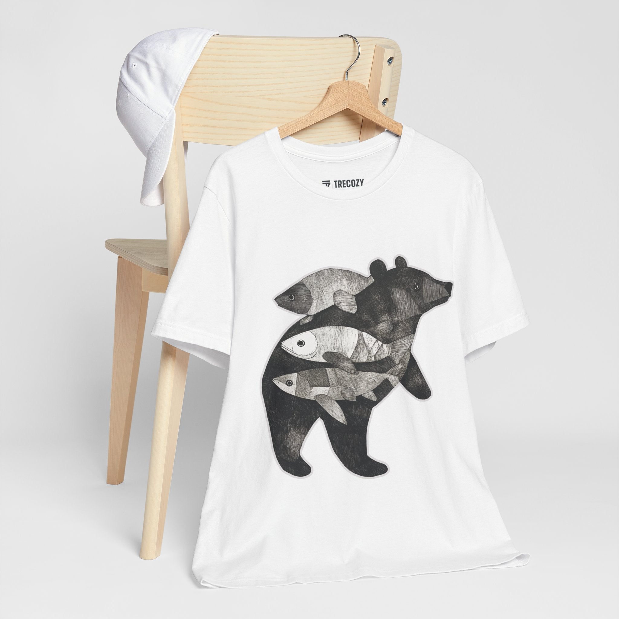 Bear & Fish – Nature T-Shirt, Artisan Wildlife Graphic Tee, Bear Graphic T-Shirt, Wildlife Lover Shirt