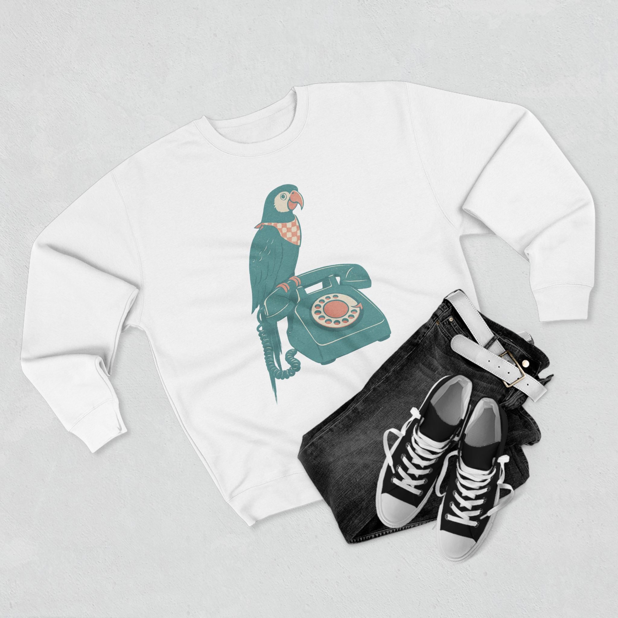 Vintage Parrot Phone Unisex Crewneck Sweatshirt, Gift for Bird Lovers, Cute Casual Wear, Retro Vibe, Ideal for Cozy Days, Birthday Gift