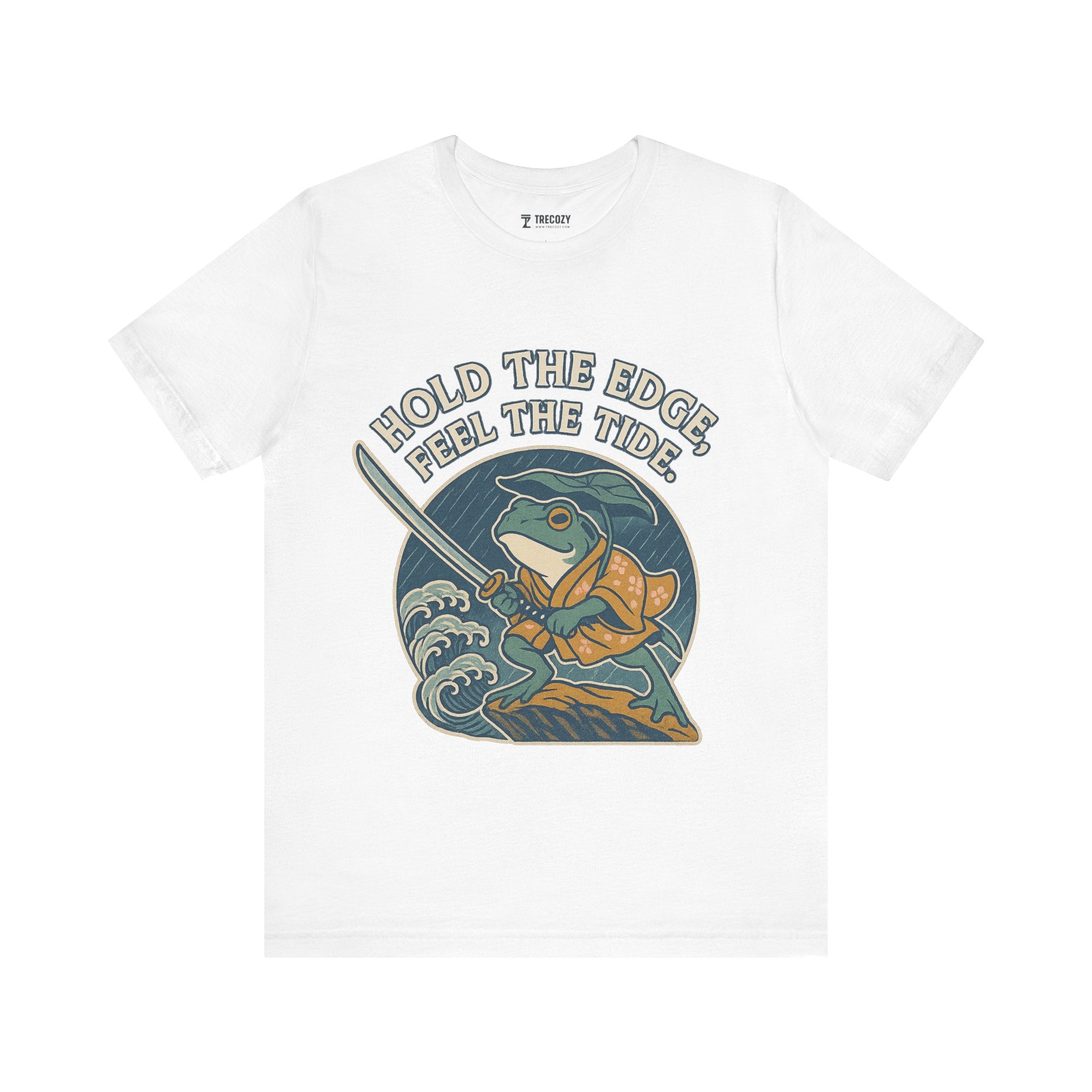 Hold the Edge, Feel the Tide – Japanese Ukiyo-e Samurai Frog T-Shirt, Warrior Wave Graphic Tee