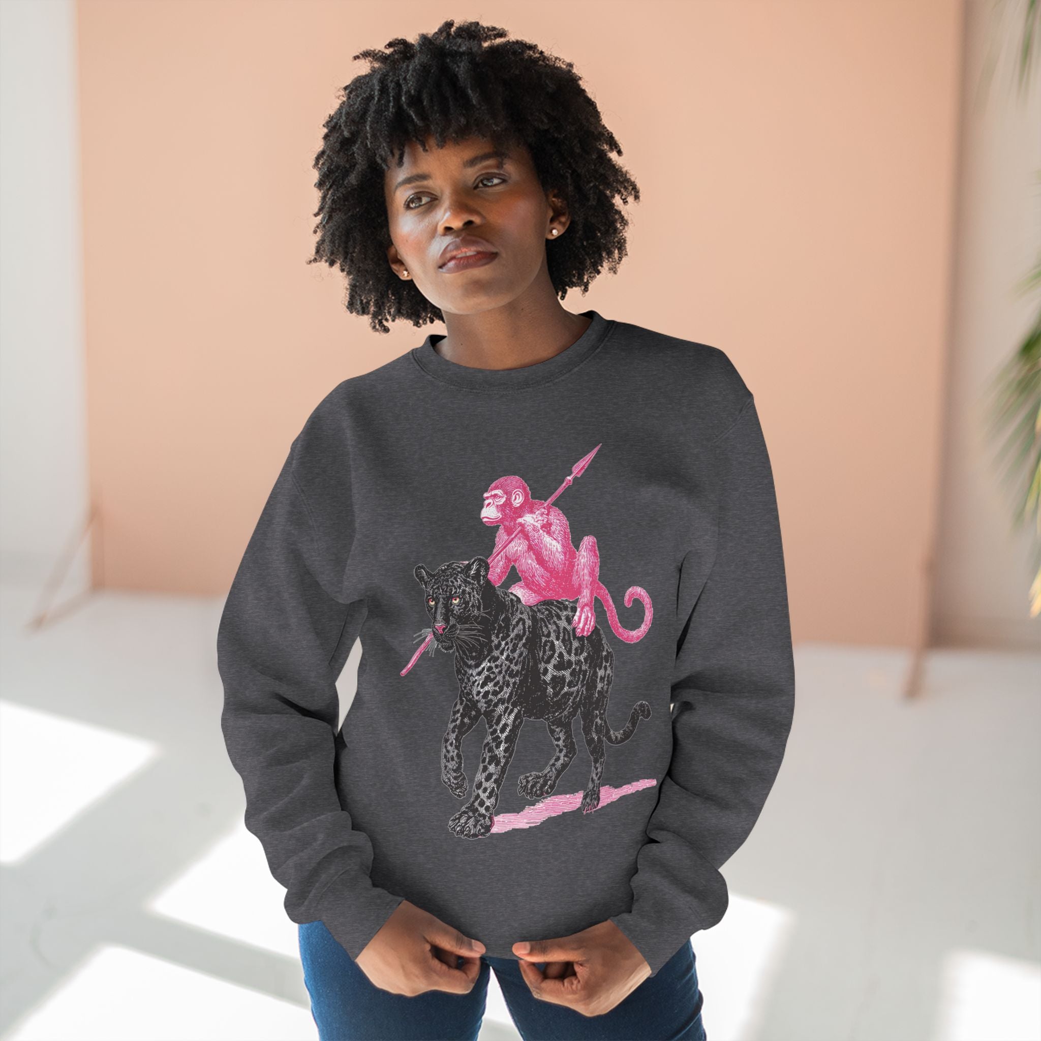 Leopard and Monkey Crewneck Sweatshirt, Cozy Sweatshirt, Nature Lover Gift, Animal Sweatshirt, Casual Wear, Unisex Fashion