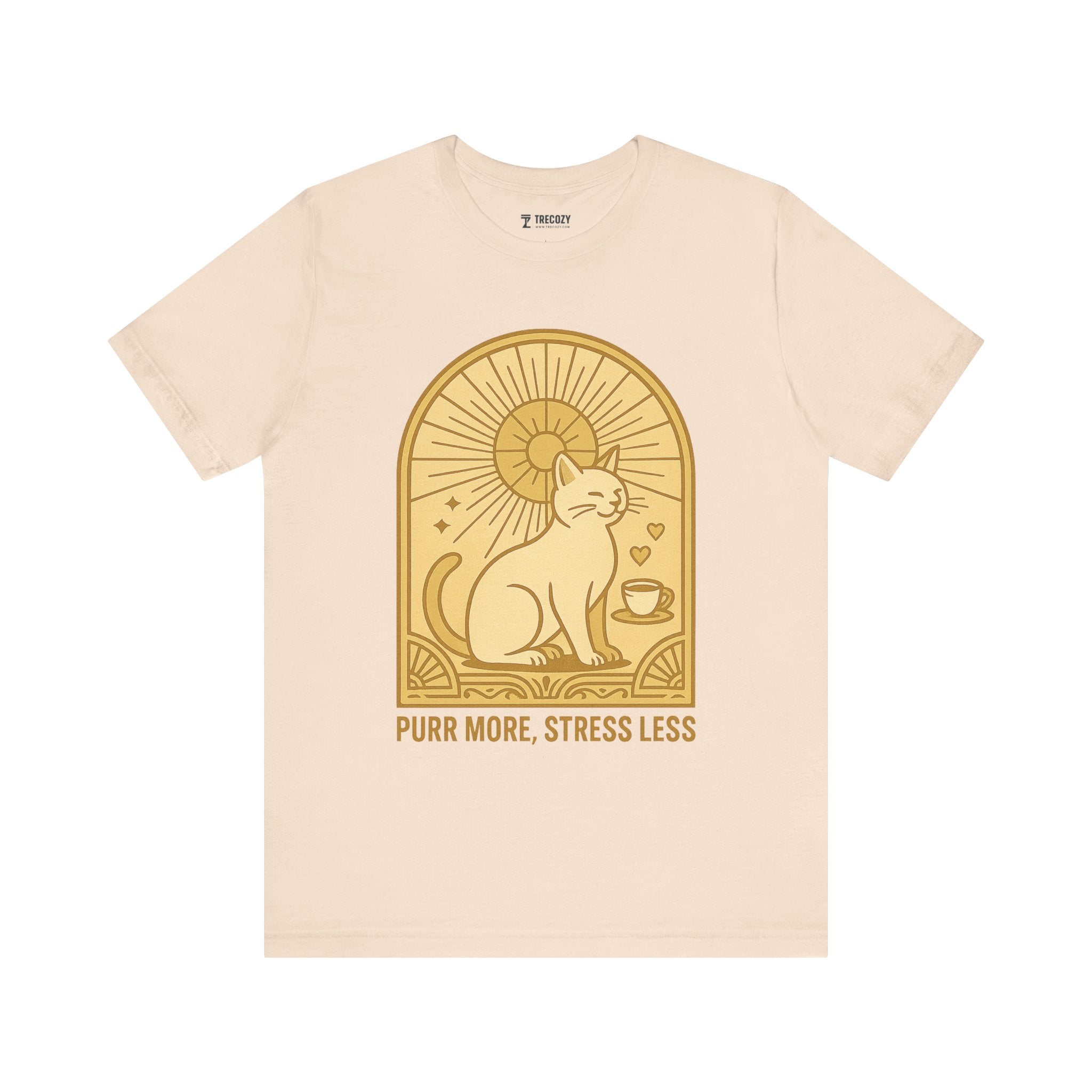 Purr More Stress Less Cat Tee, Cozy Cat Lover Shirt, Gift for Pet Owners, Cute Animal Top, Cat with Coffee